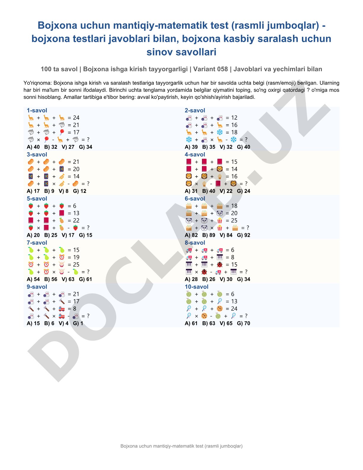 Bojxona uchun mantiqiy-matematik test savollari javoblari bilan