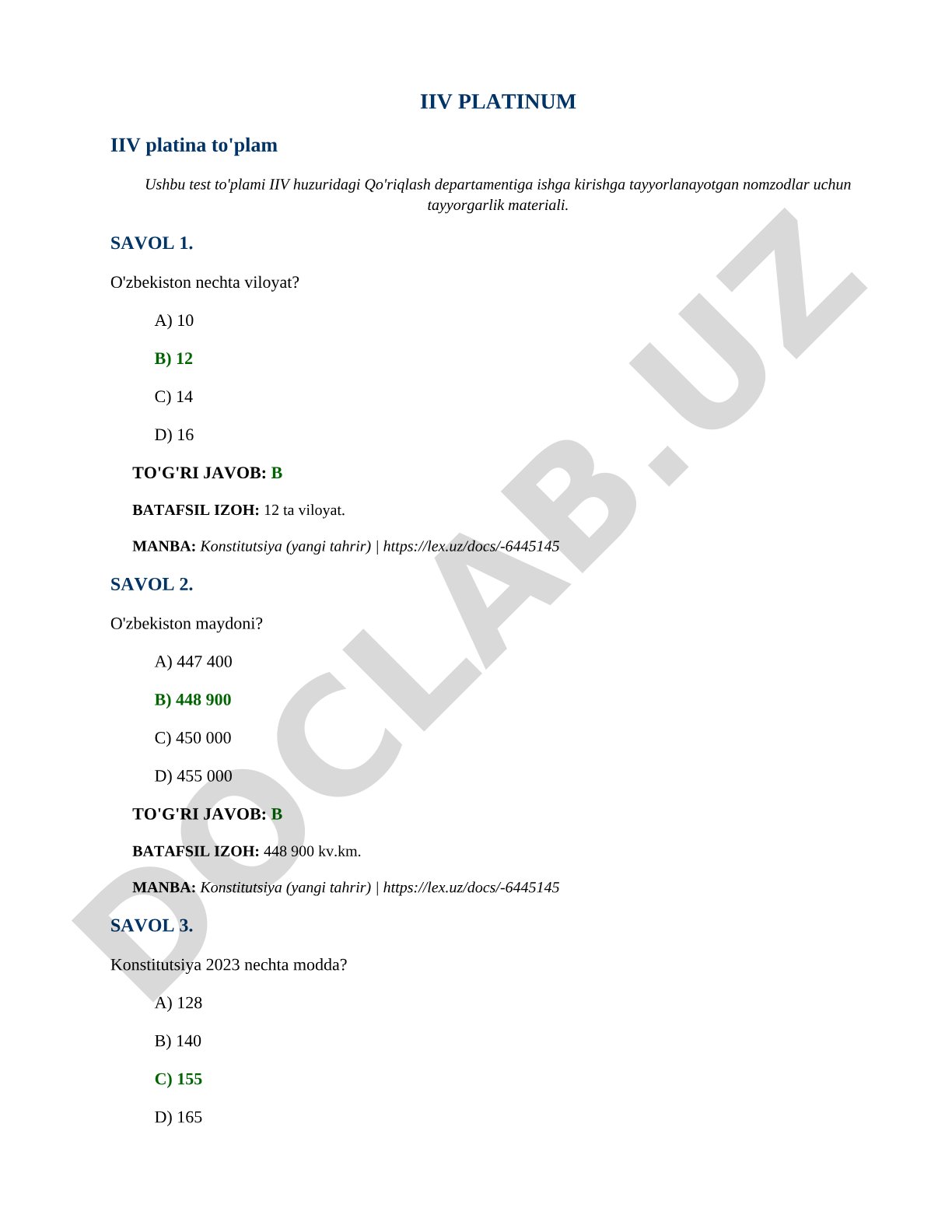IIV Qo'riqlash departamenti testlari