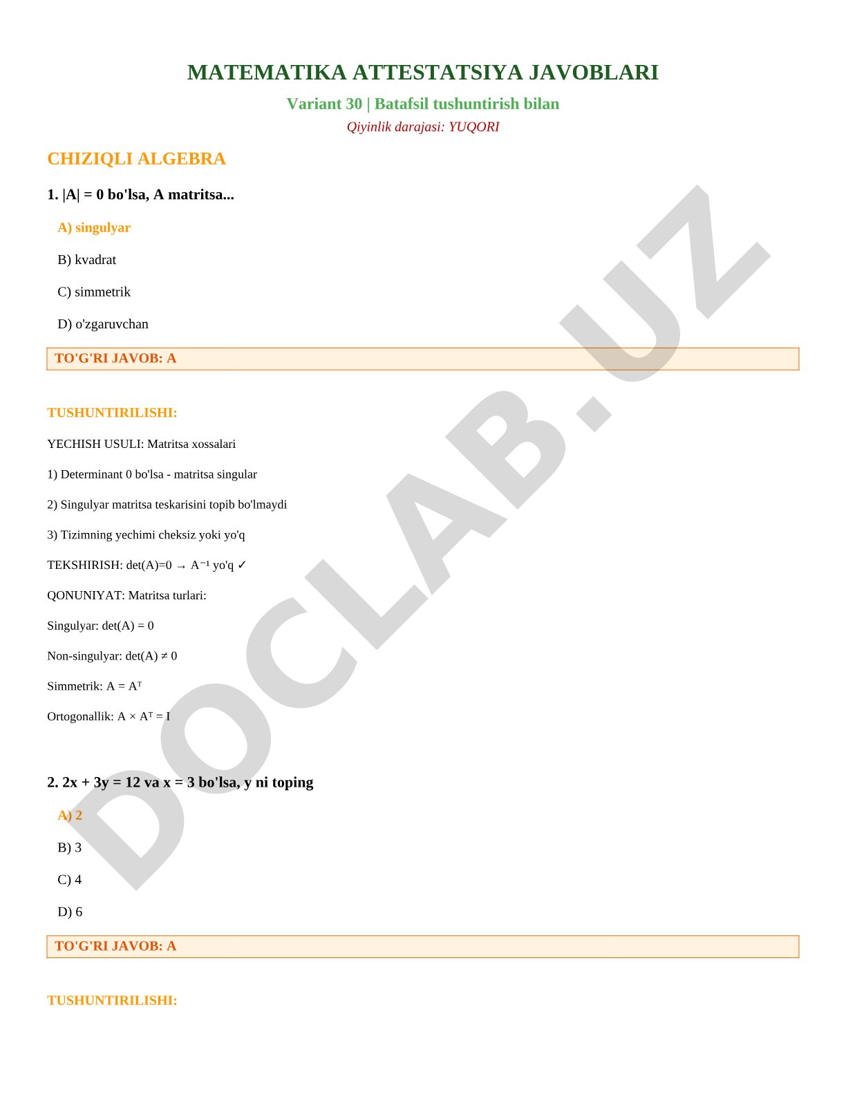 Matematika attestatsiya Variant 30 - Chiziqli algebra