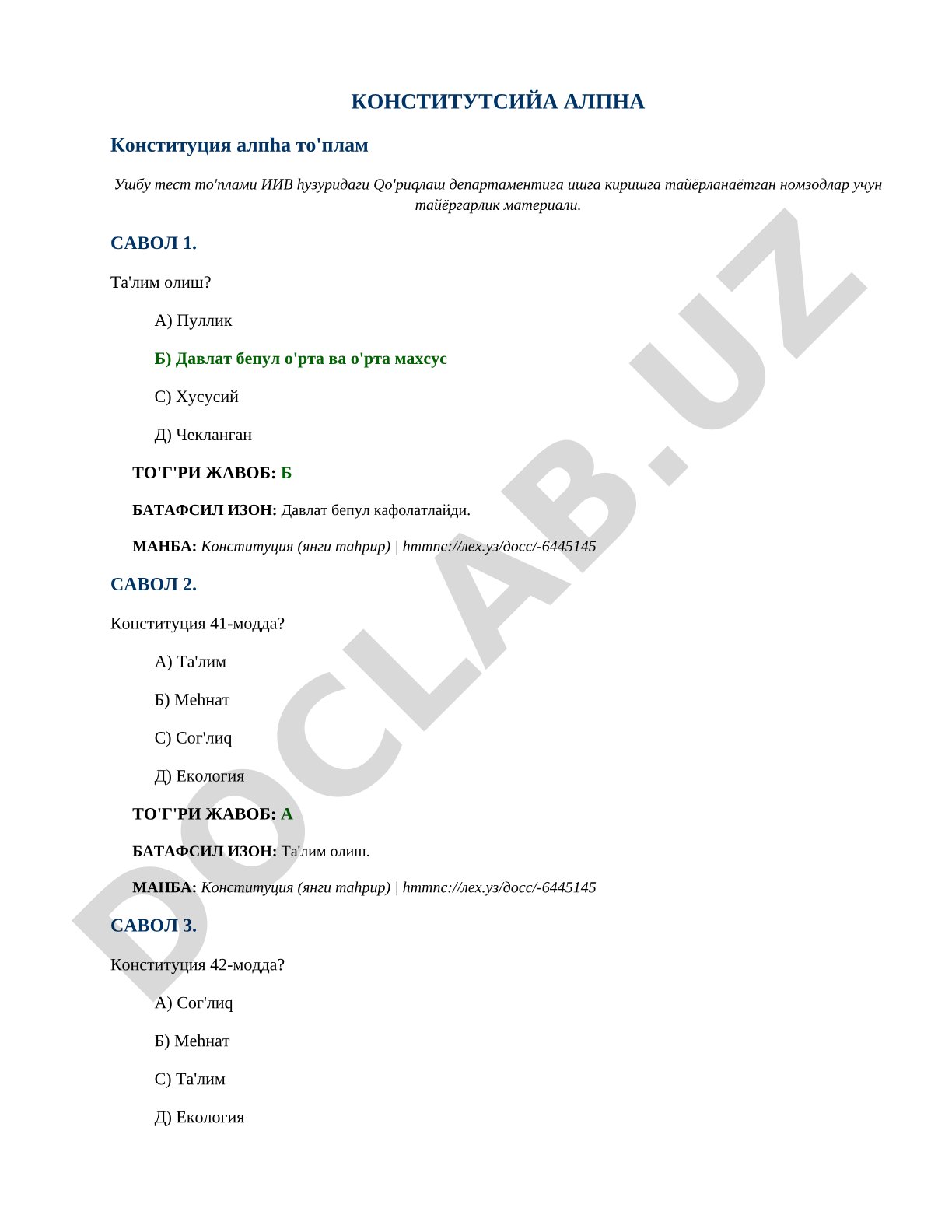 O'zbekiston Respublikasi Konstitutsiyasi bo'yicha test to'plami