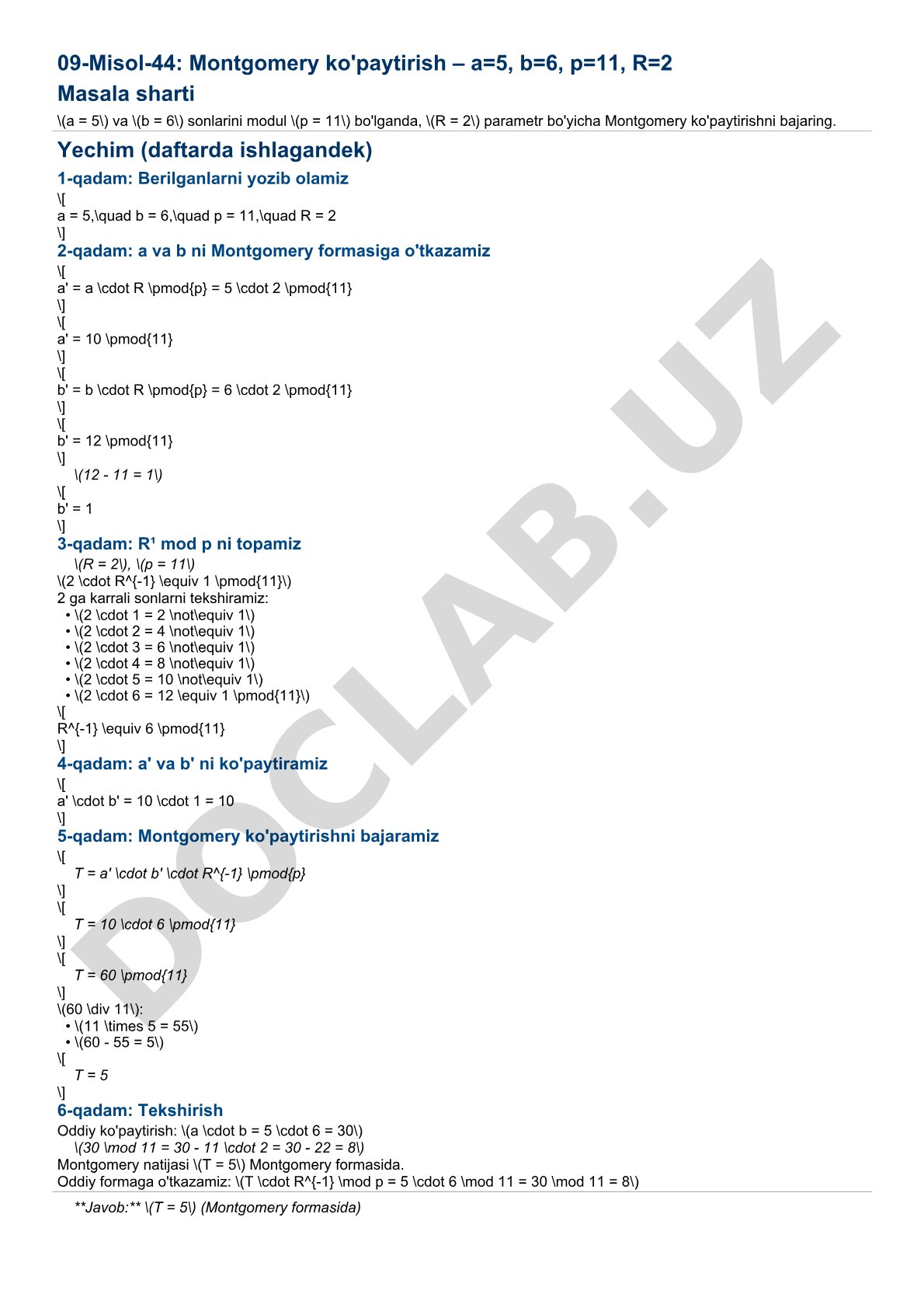 Montgomery ko'paytirish – a=5, b=6, p=11, R=2