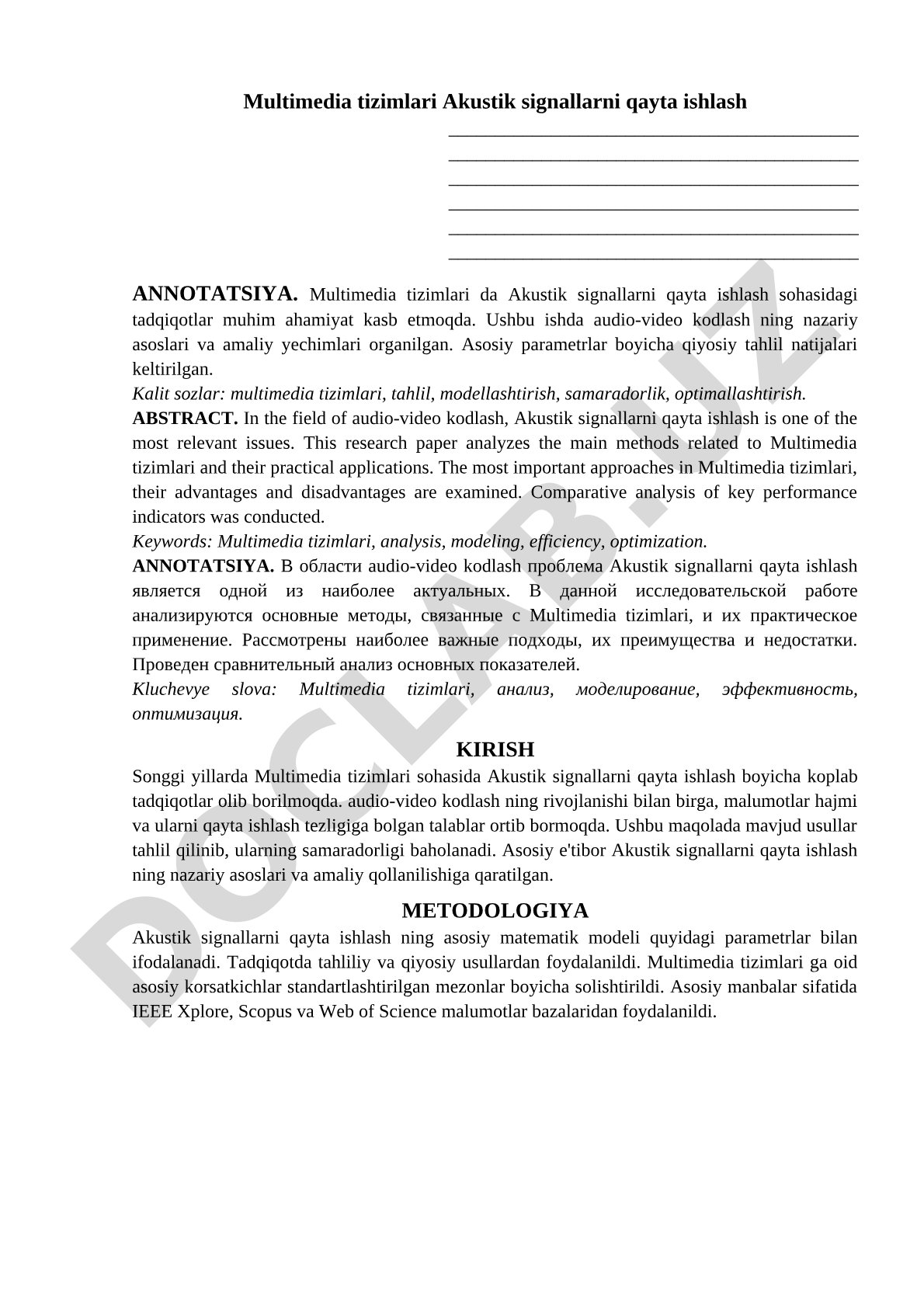 Multimedia tizimlari Akustik signallarni qayta ishlash