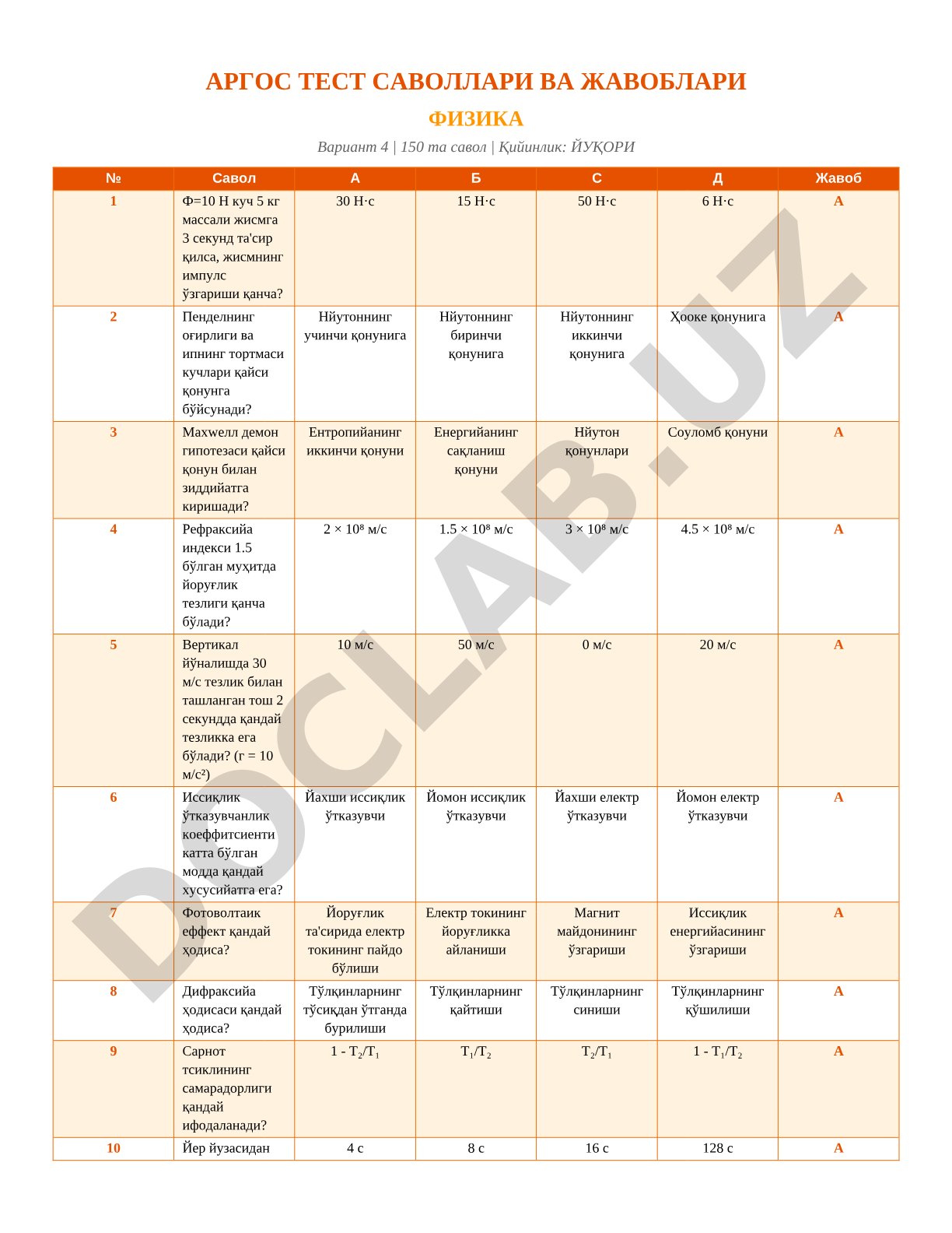 Fizika test savollari va javoblari (variant 4)