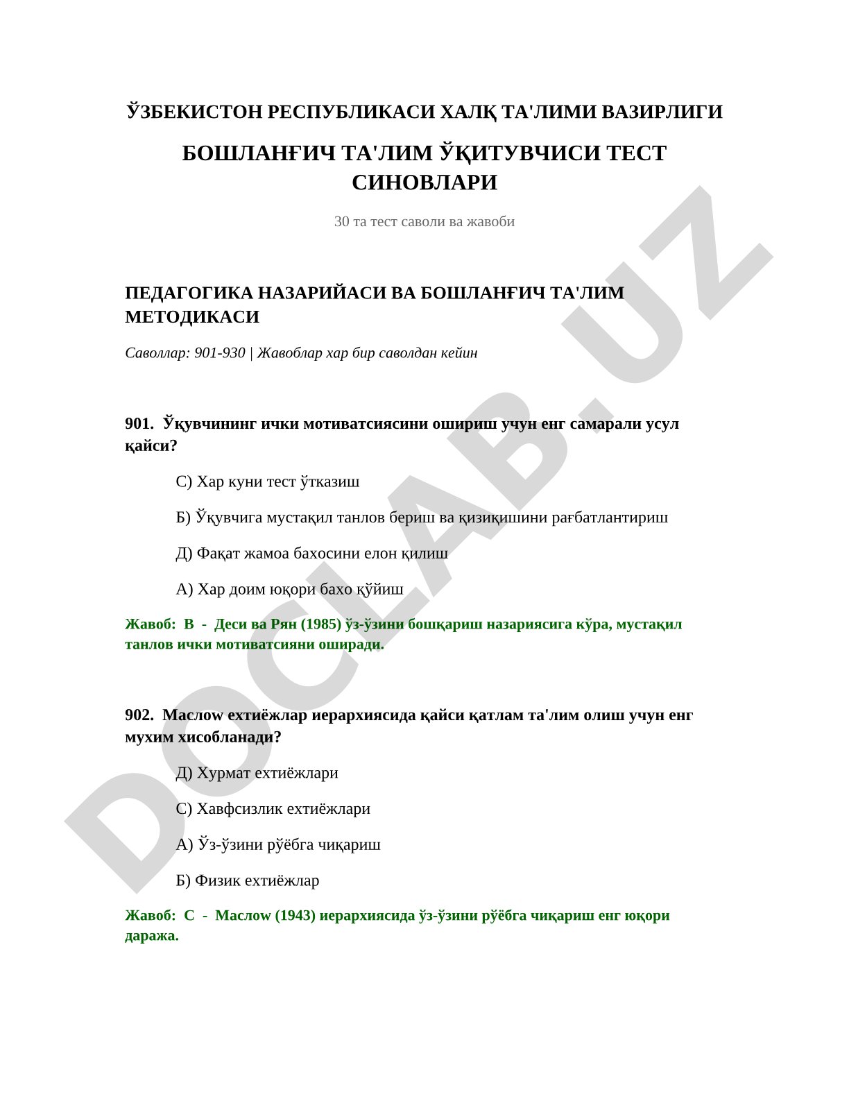Boshlang'ich ta'lim o'qituvchisi test sinovlari pedagogika nazariyasi va metodikasi