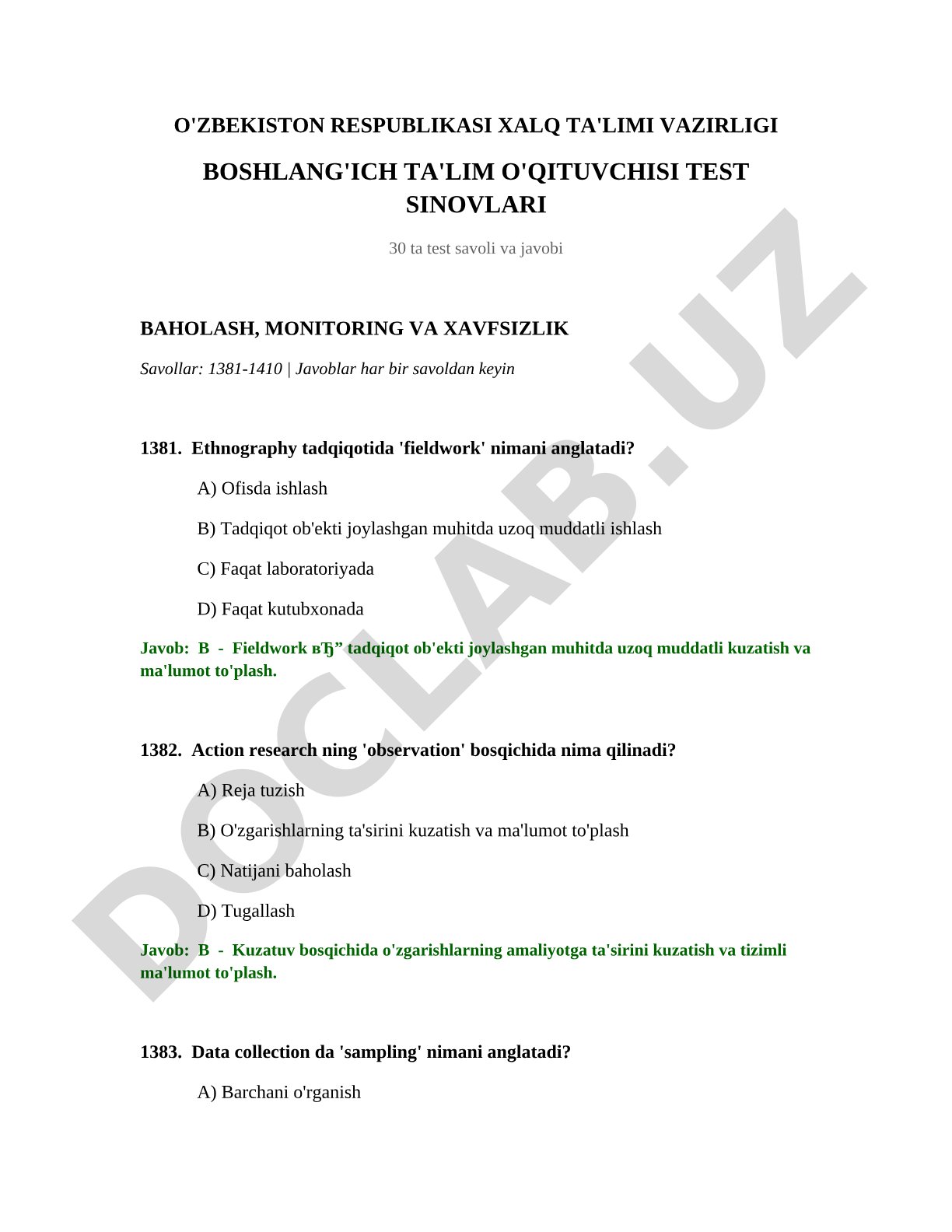 Boshlang'ich ta'lim o'qituvchisi test sinovlari 30 ta test savoli va javobi