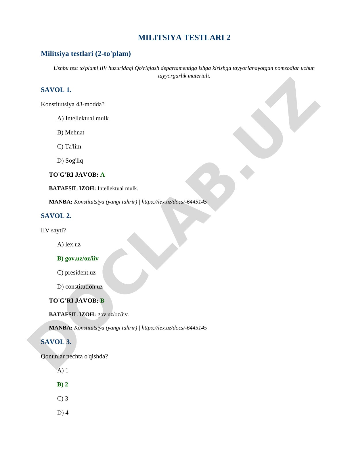 Militsiya testlari (2-to'plam)