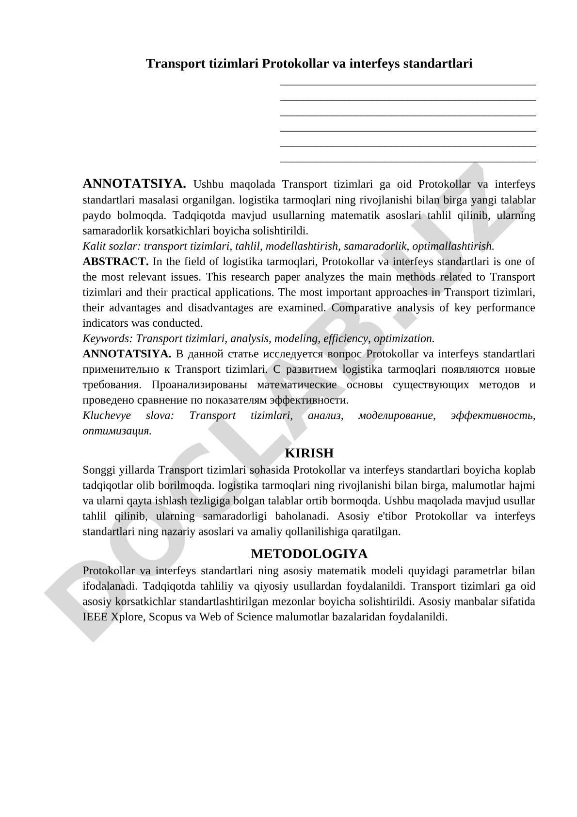Transport tizimlari Protokollar va interfeys standartlari