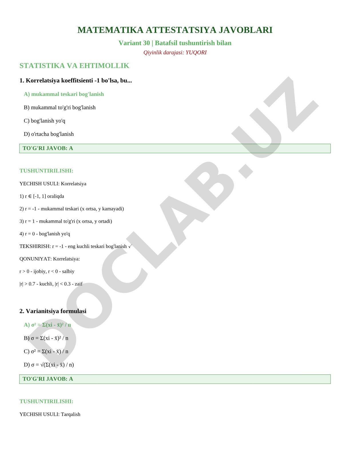 Matematika attestatsiya javoblari variant 30