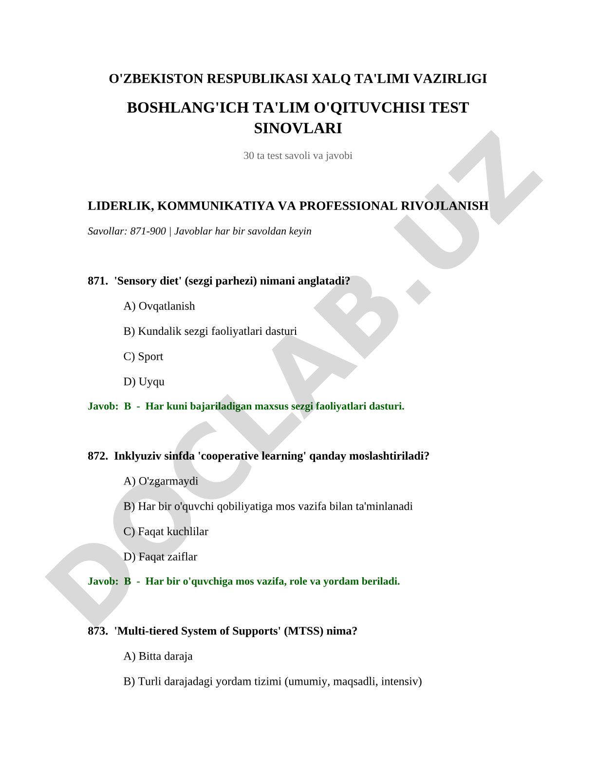 Boshlang'ich ta'lim o'qituvchisi test sinovlari: Liderlik, kommunikatiya va professional rivojlanish
