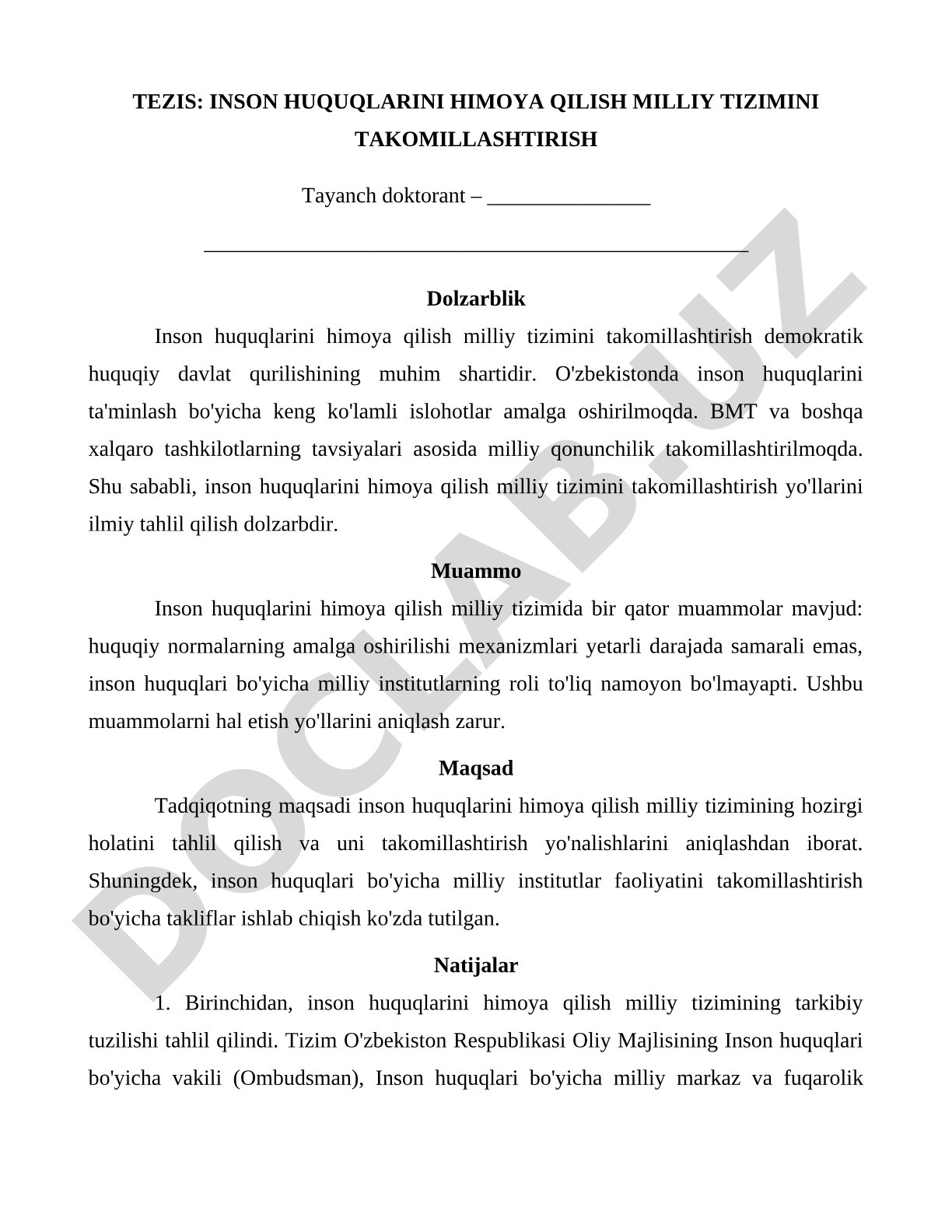 Inson huquqlarini himoya qilish milliy tizimini takomillashtirish