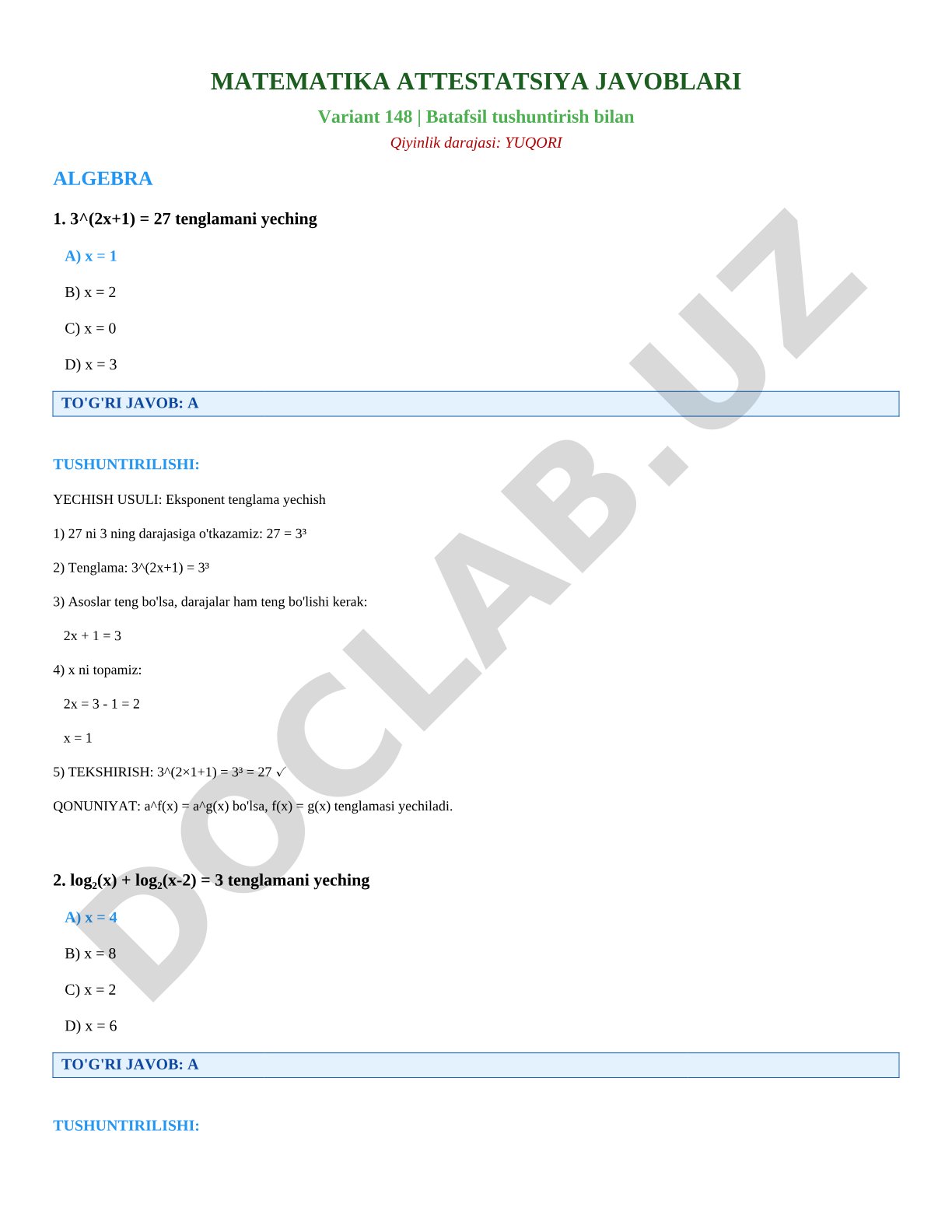 Matematika attestatsiya javoblari Variant 148