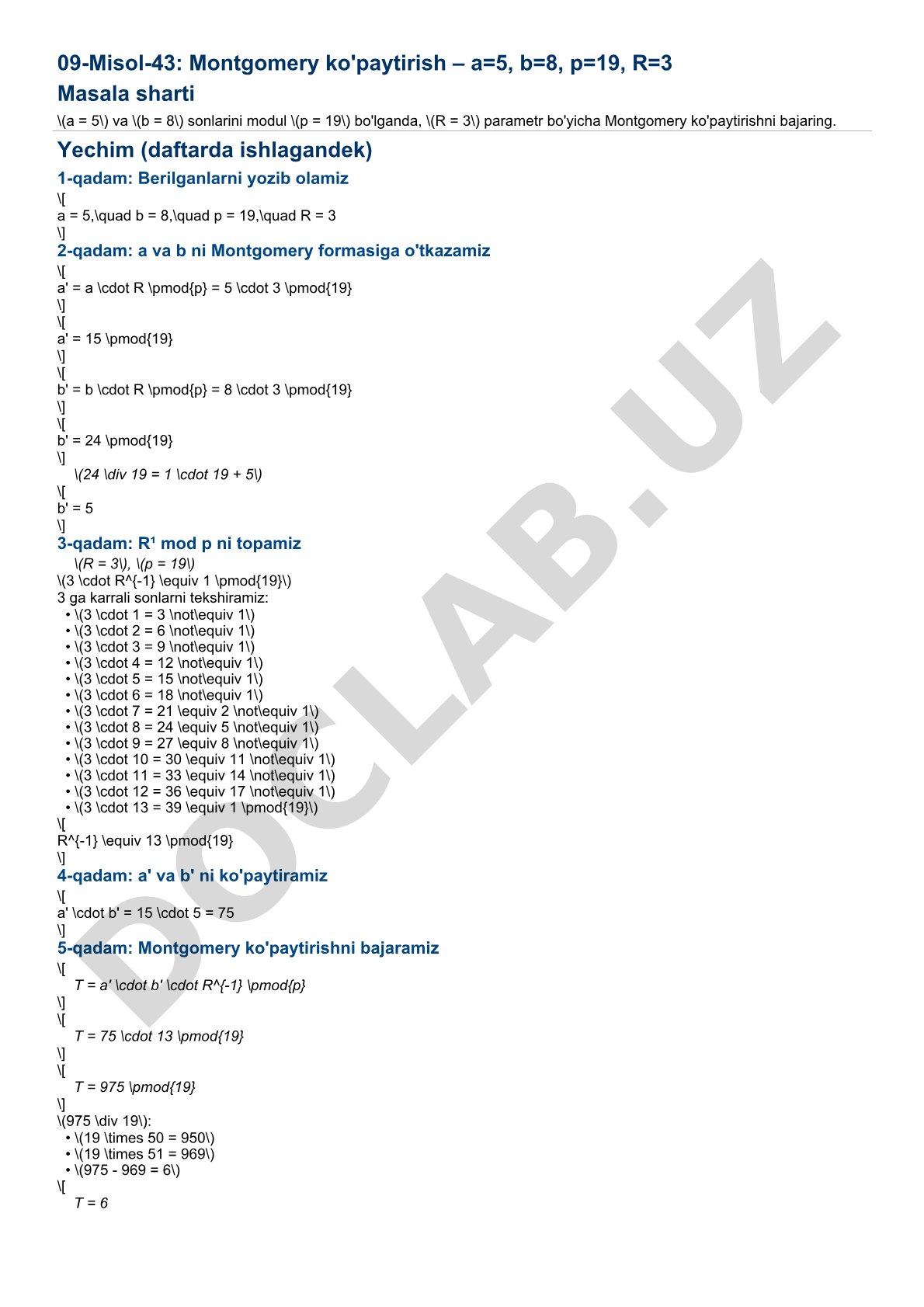 Montgomery ko'paytirish – a=5, b=8, p=19, R=3