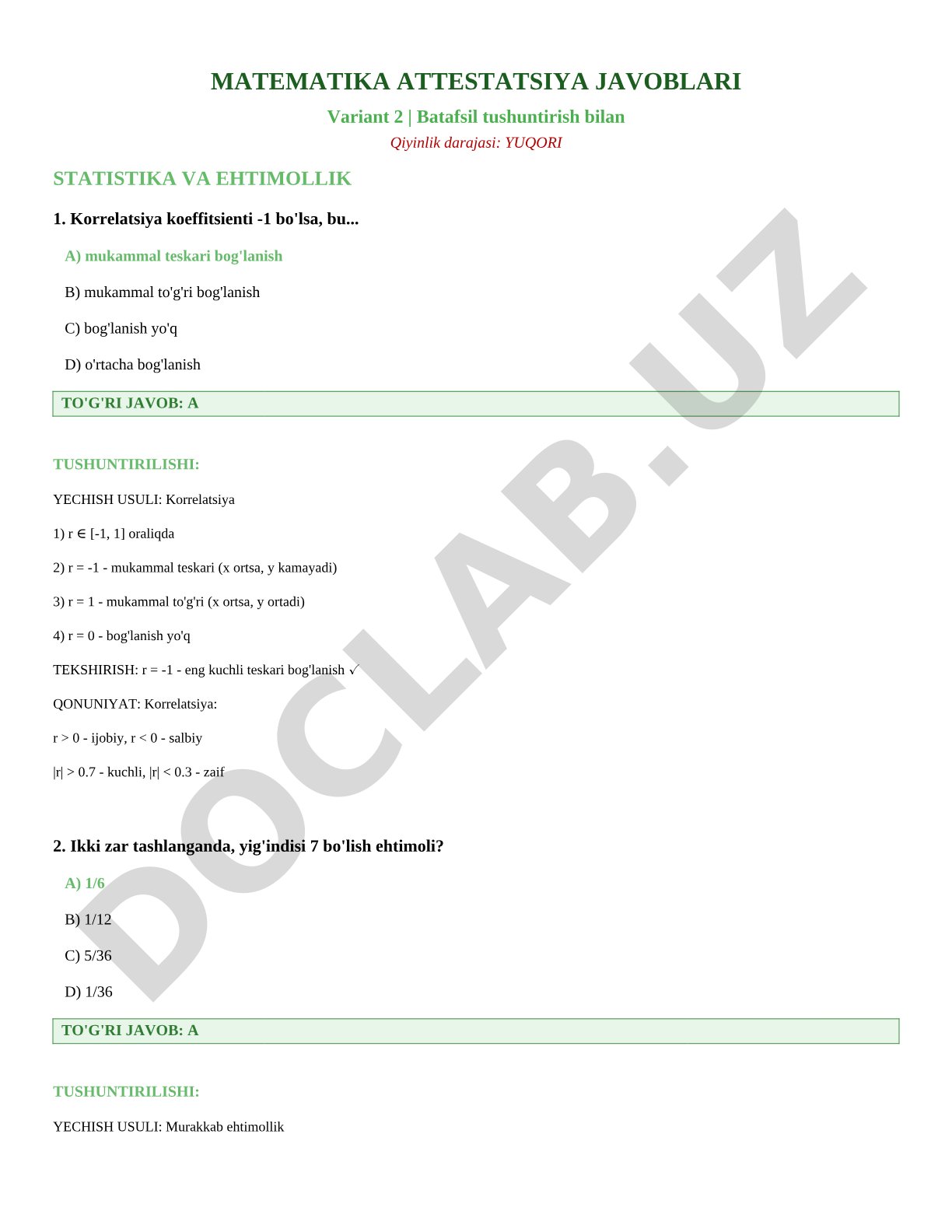 Matematika attestatsiya javoblari Variant 2 (statistika va ehtimollik)