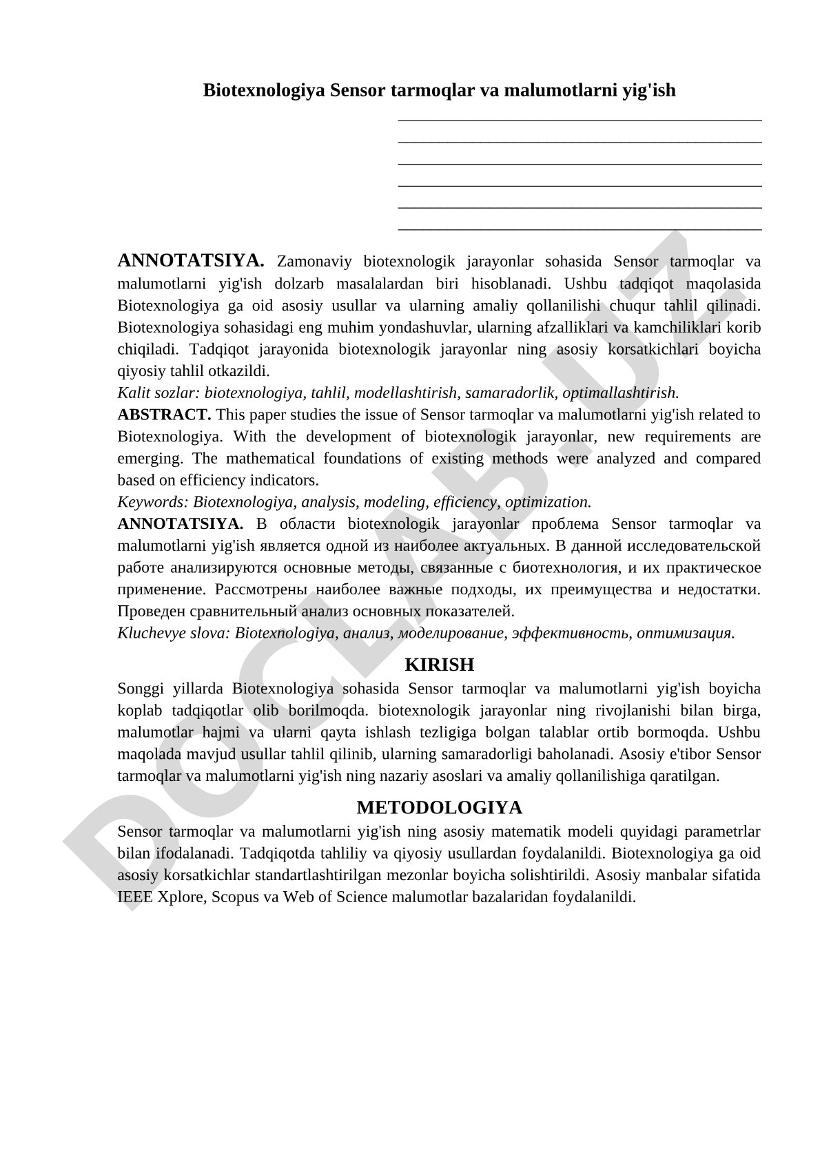 Biotexnologiya Sensor tarmoqlar va malumotlarni yig'ish