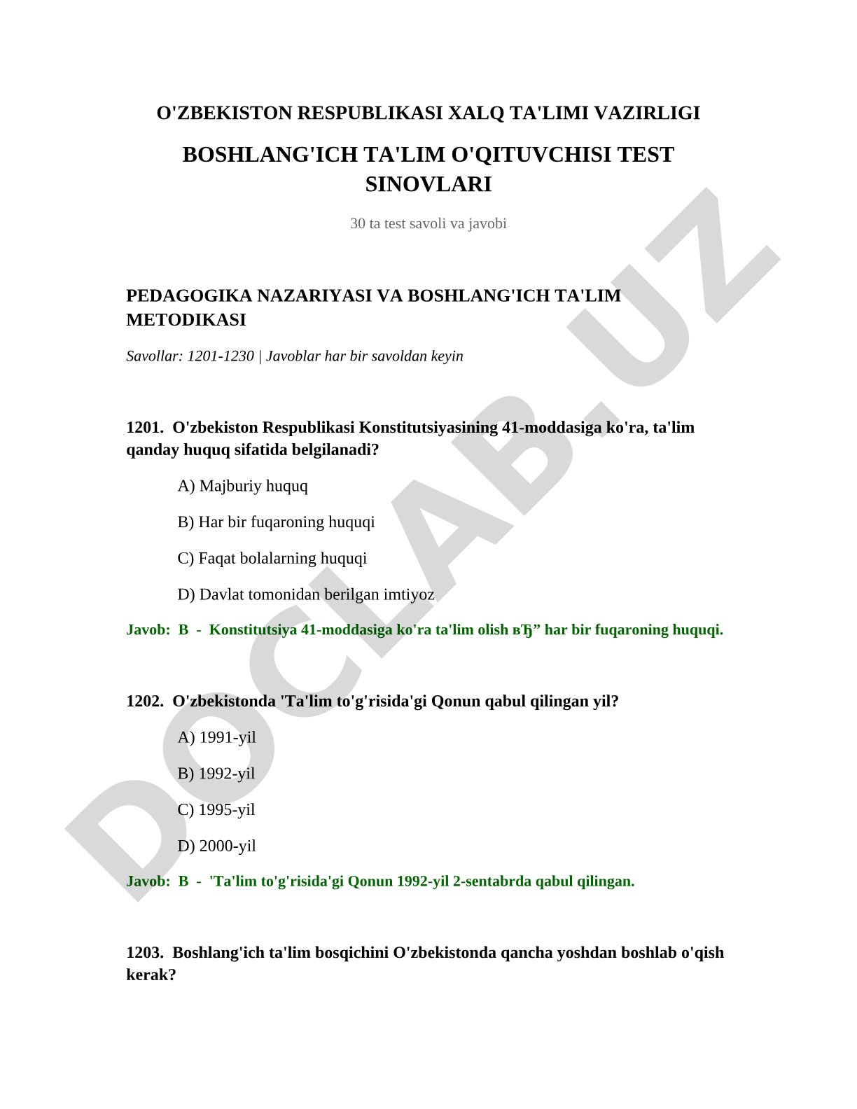 Pedagogika nazariyasi va boshlang'ich ta'lim metodikasi test savollari va javoblari