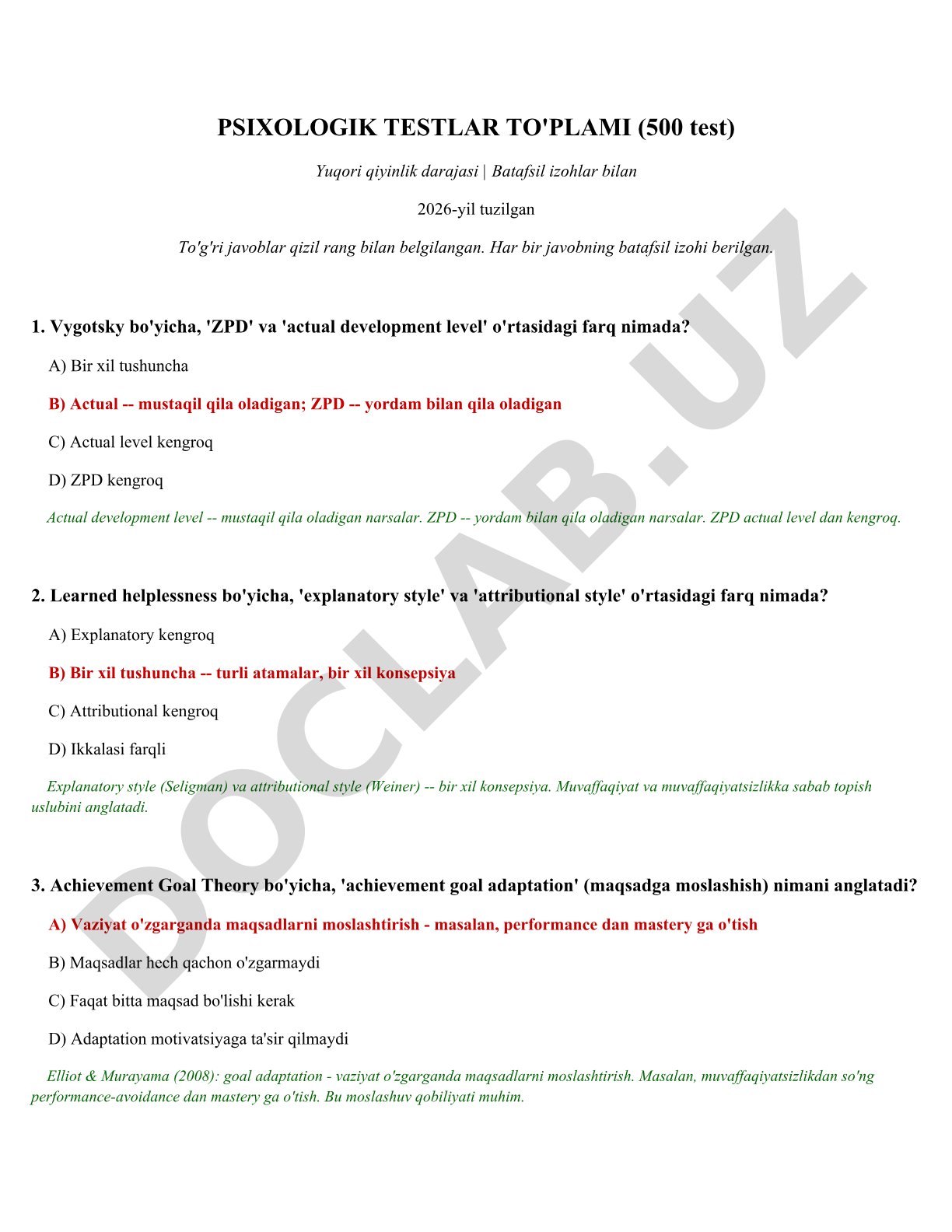 Psixologik testlar to'plami (500 test)