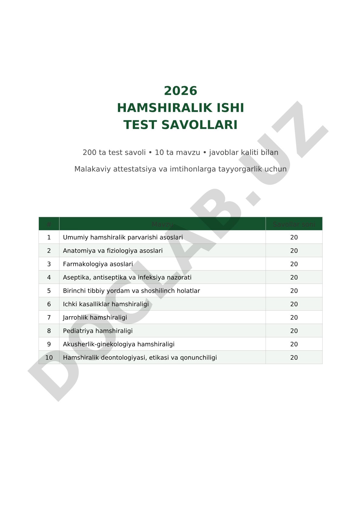 2026 Hamshiralik ishi test savollari 200 ta test savoli 10 ta mavzu javoblar kaliti bilan