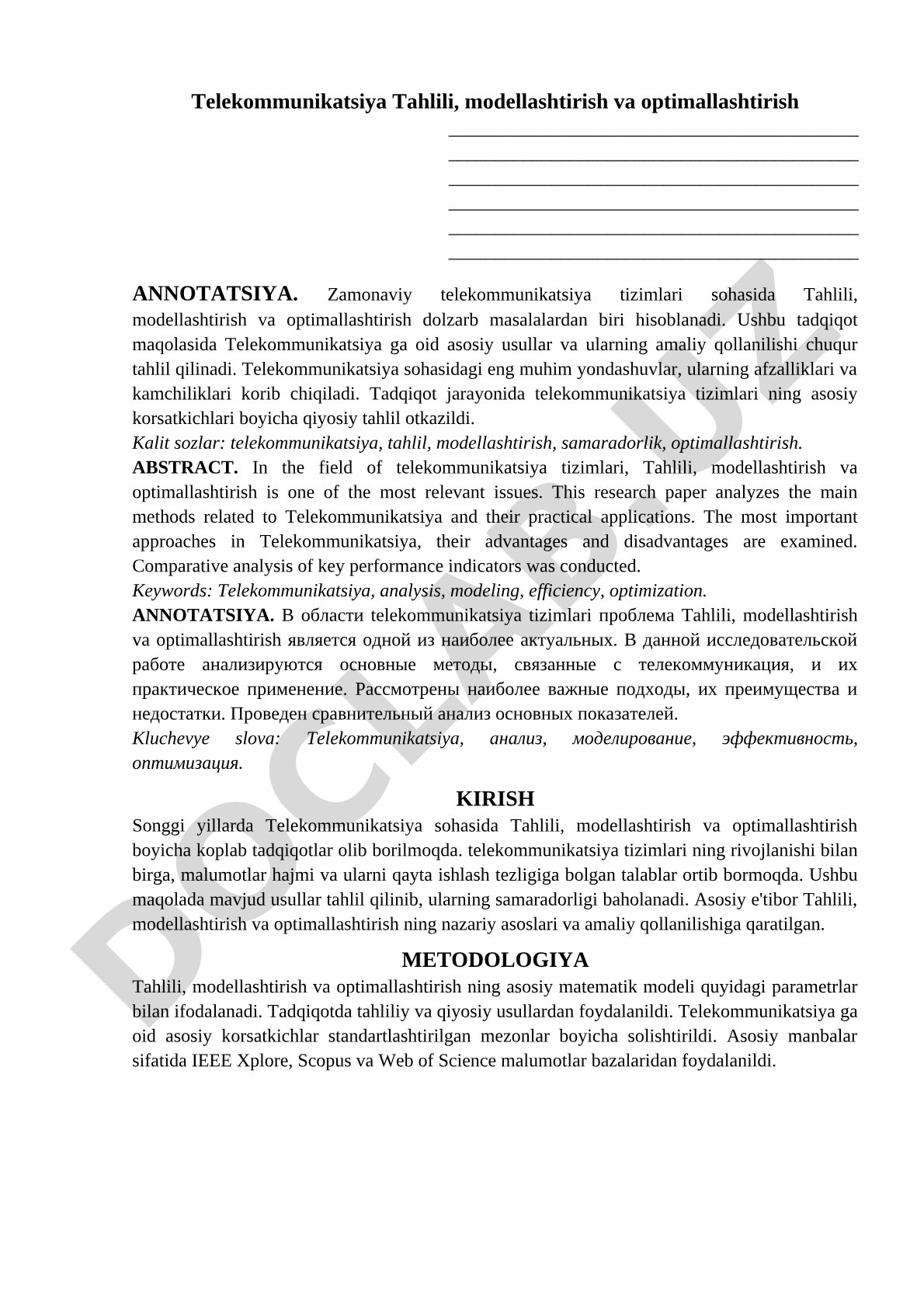 Telekommunikatsiya tahlili, modellashtirish va optimallashtirish