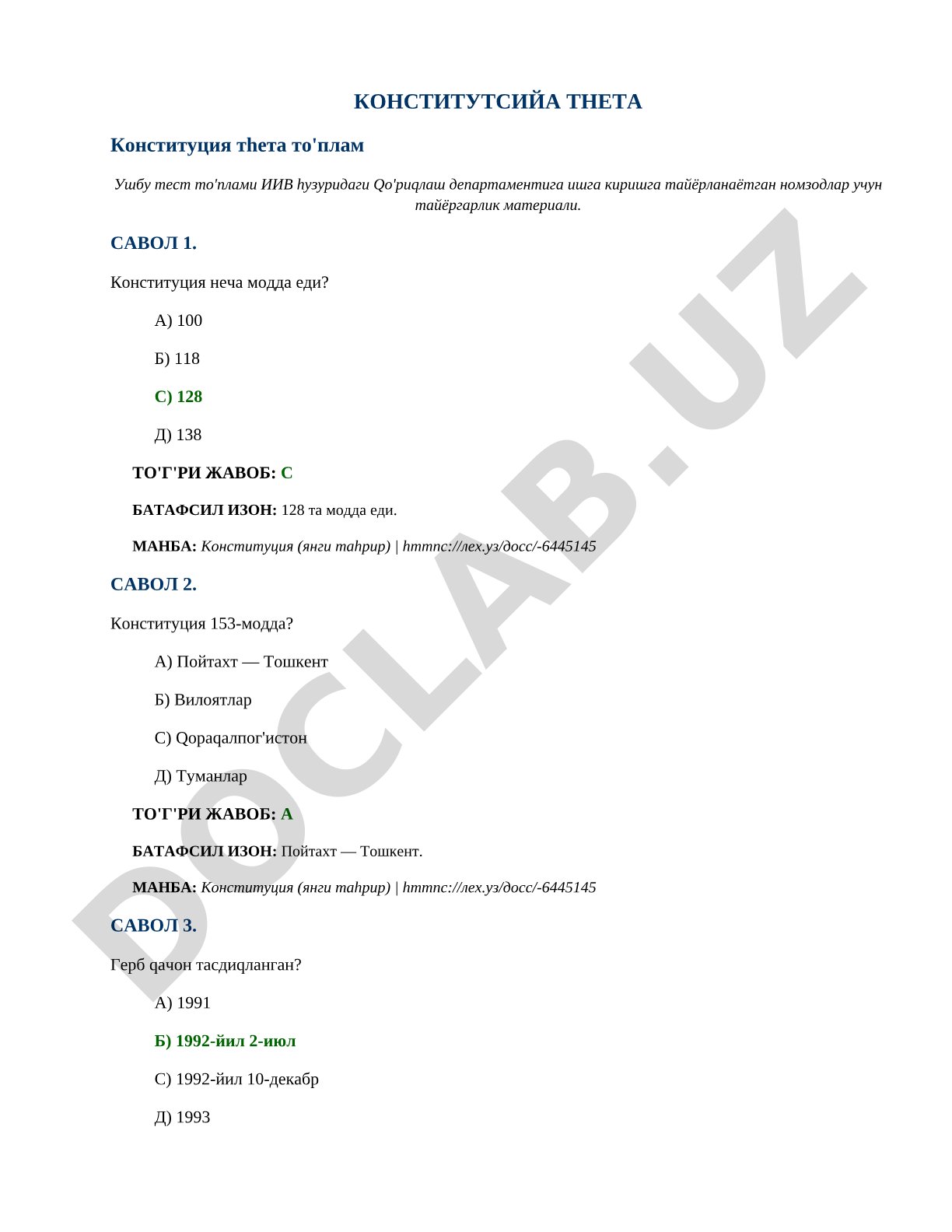 O'zbekiston Konstitutsiyasi test to'plami