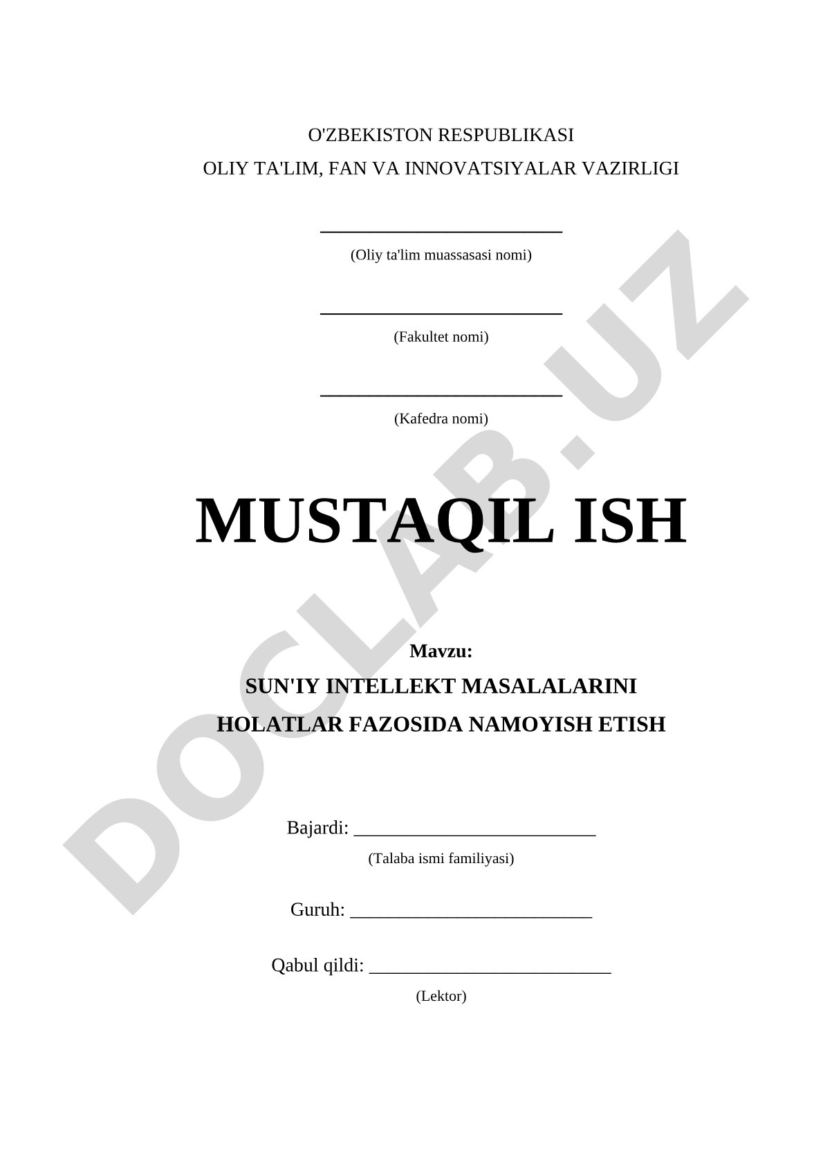 SUN'IY INTELLEKT MASALALARINIHOLATLAR FAZOSIDA NAMOYISH ETISH