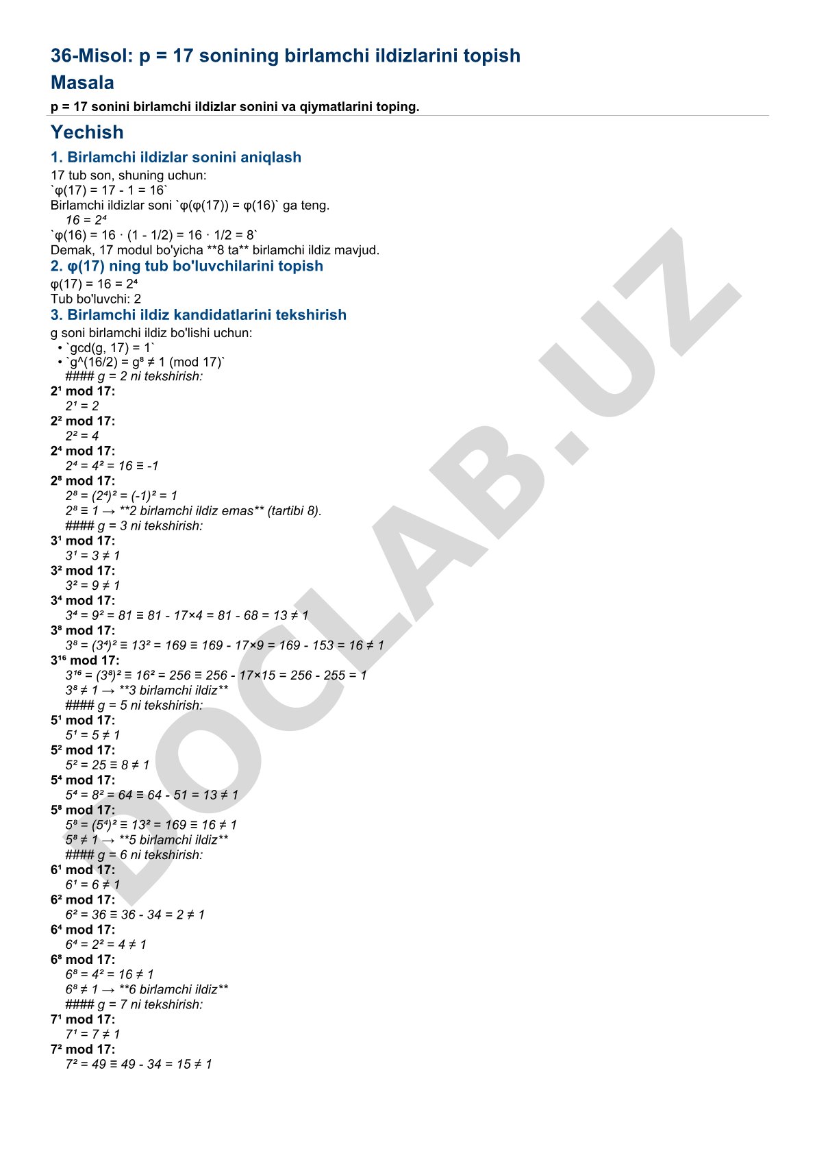 17 sonining birlamchi ildizlarini topish