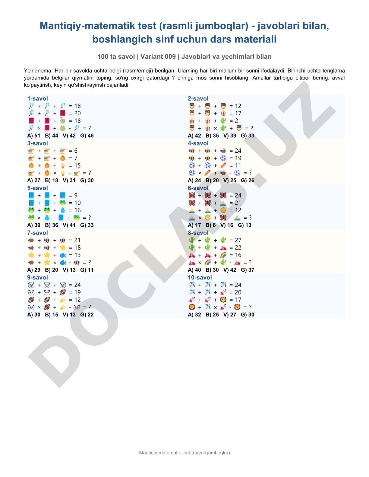 Mantiqiy-matematik test (rasmli jumboqlar) boshlang'ich sinf uchun