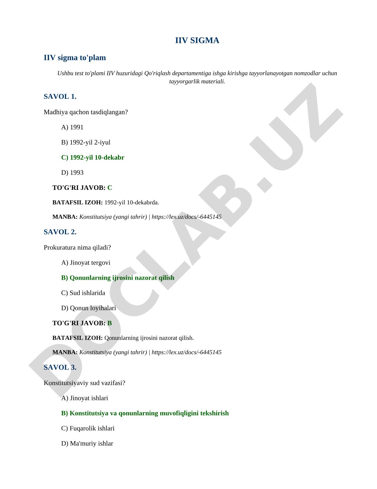 IIV Qo'riqlash departamentiga nomzodlar uchun test savollari
