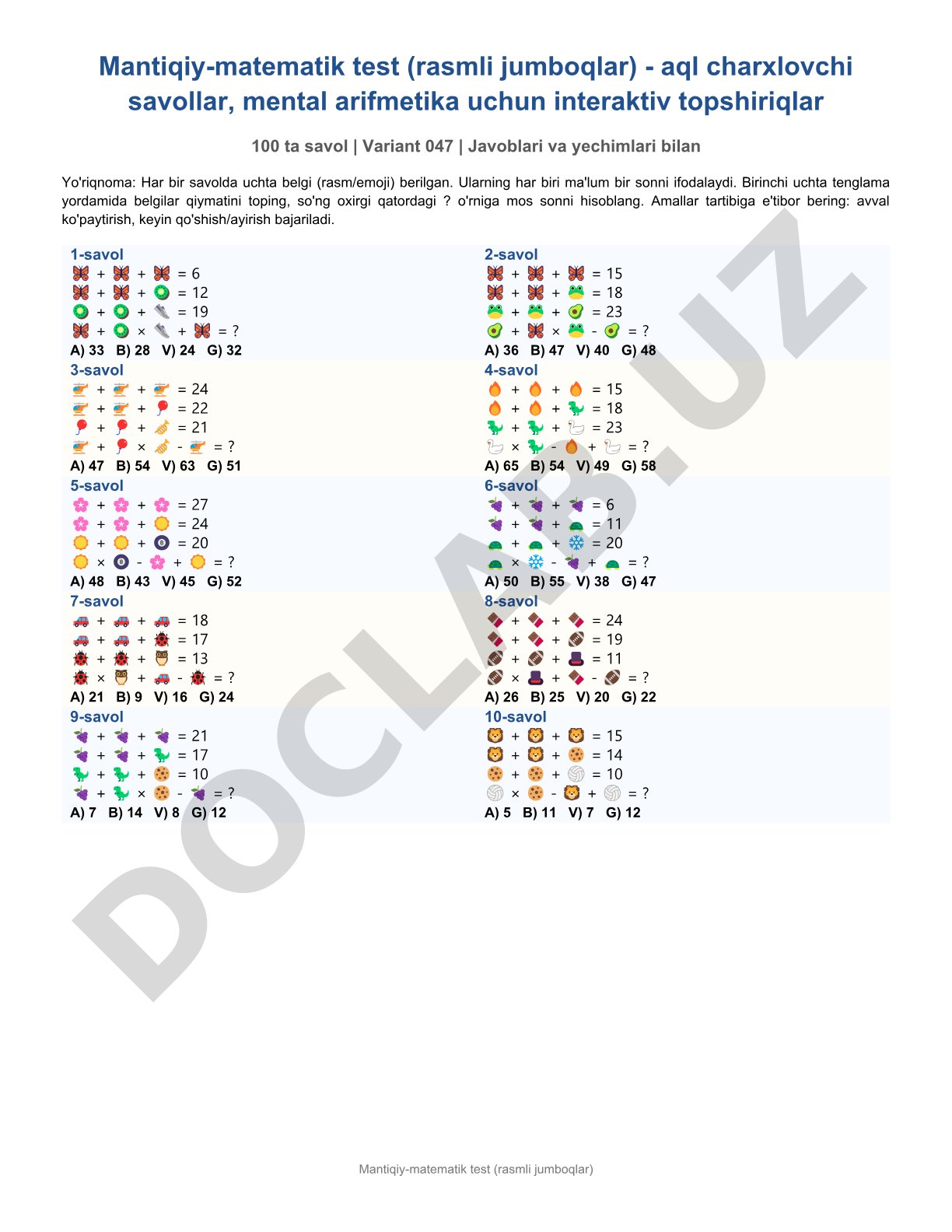 Mantiqiy-matematik test (rasmli jumboqlar) - aql charxlovchi savollar, mental arifmetika uchun interaktiv topshiriqlar 100 ta savol | Variant 047 | Javoblari va yechimlari bilan
