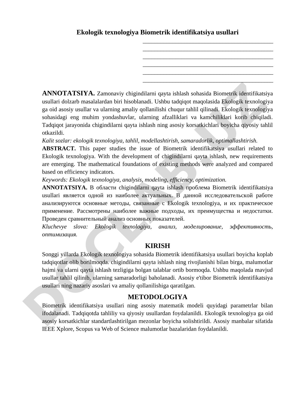 Ekologik texnologiya Biometrik identifikatsiya usullari