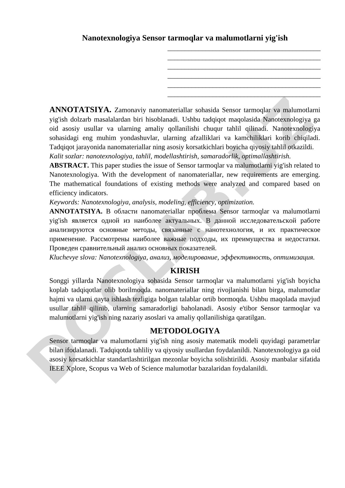 Nanotexnologiya Sensor tarmoqlar va malumotlarni yig'ish