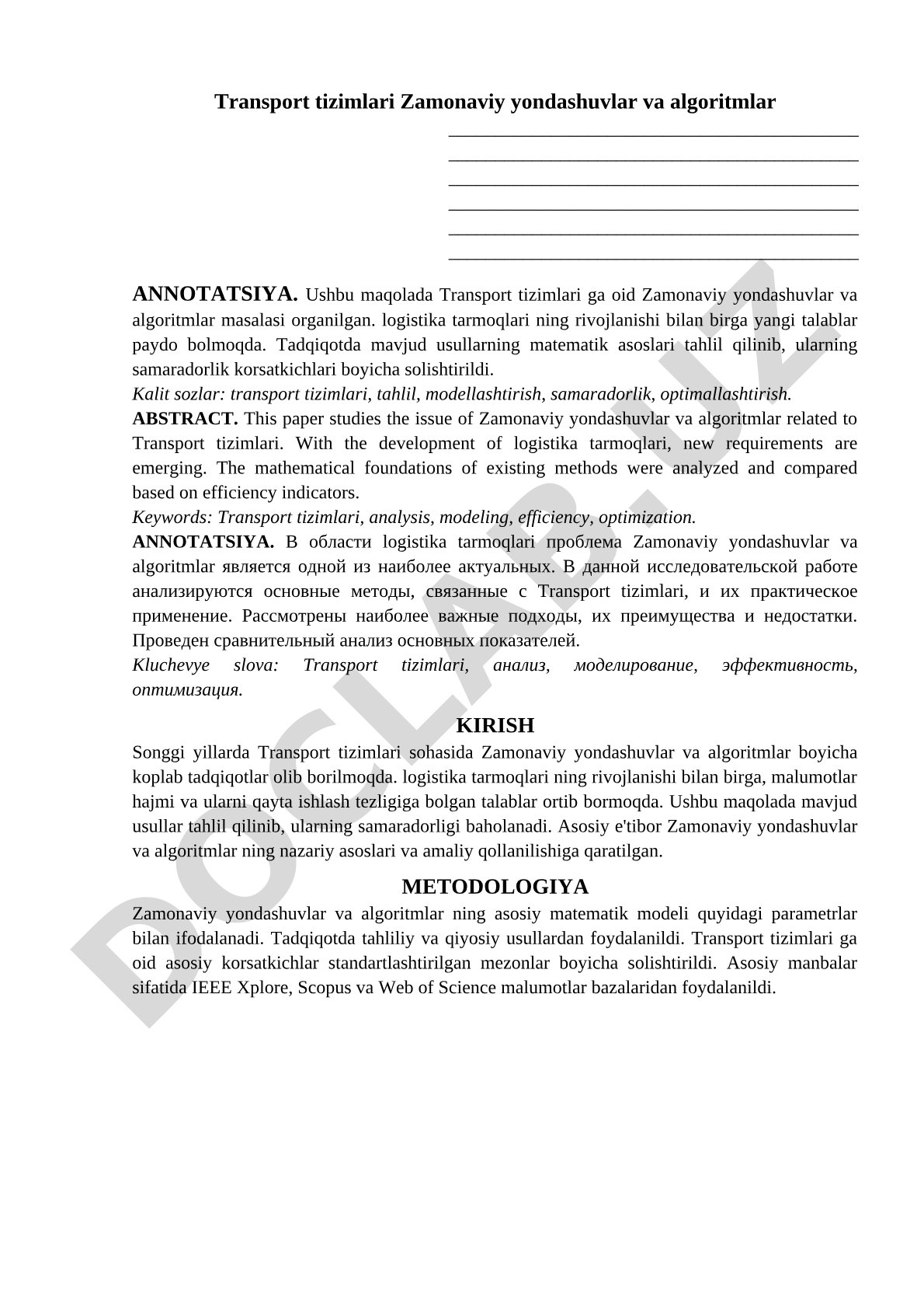 Transport tizimlari Zamonaviy yondashuvlar va algoritmlar