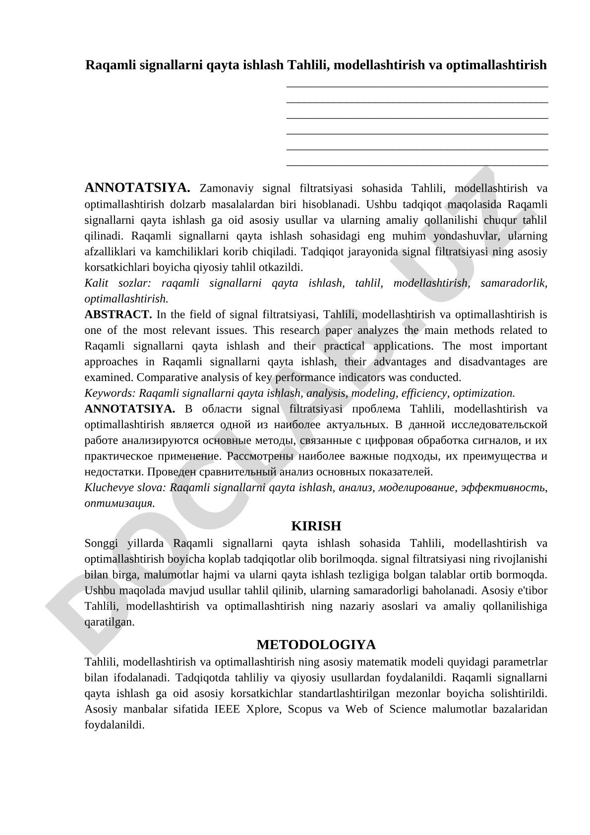 Raqamli signallarni qayta ishlash Tahlili, modellashtirish va optimallashtirish