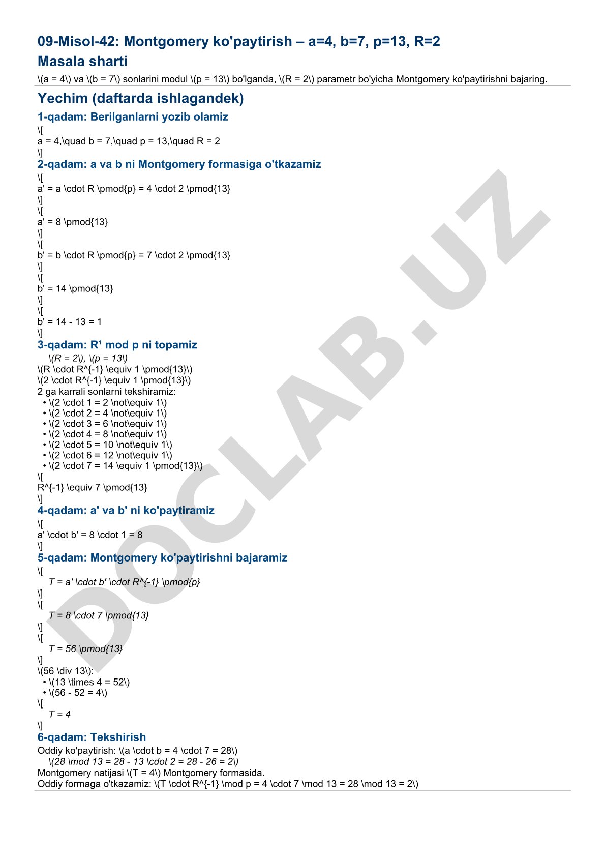 Montgomery ko'paytirish – a=4, b=7, p=13, R=2