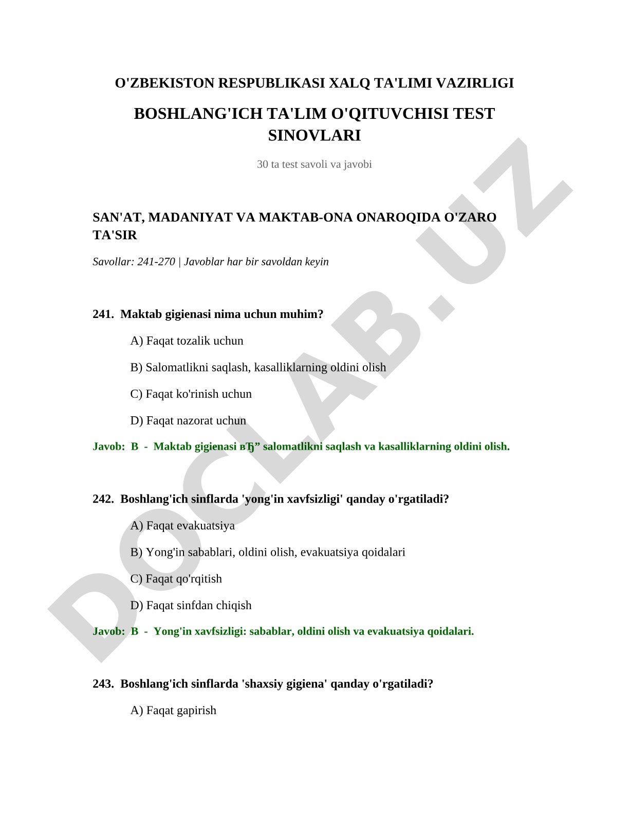 Boshlang'ich ta'lim o'qituvchisi test sinovlari: san'at, madaniyat va maktab o'zaro ta'siri