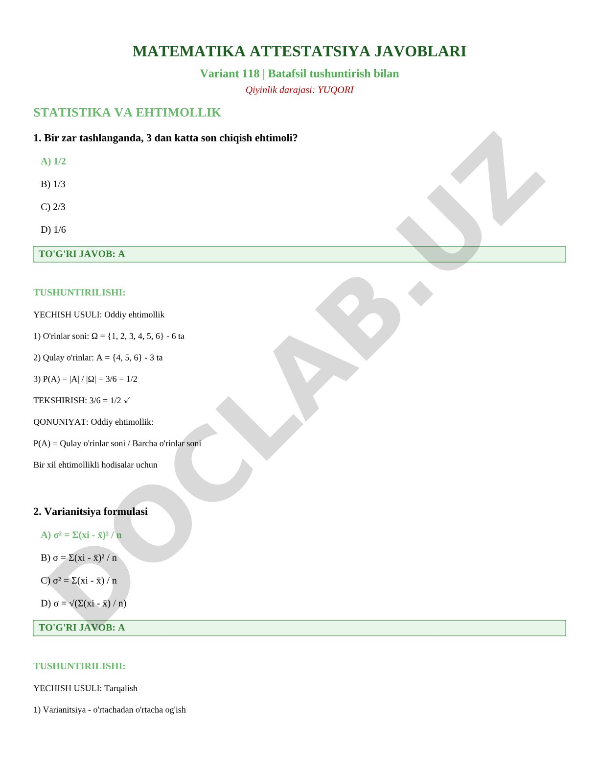 Matematika attestatsiya variant 118 javoblari: statistika va ehtimollik