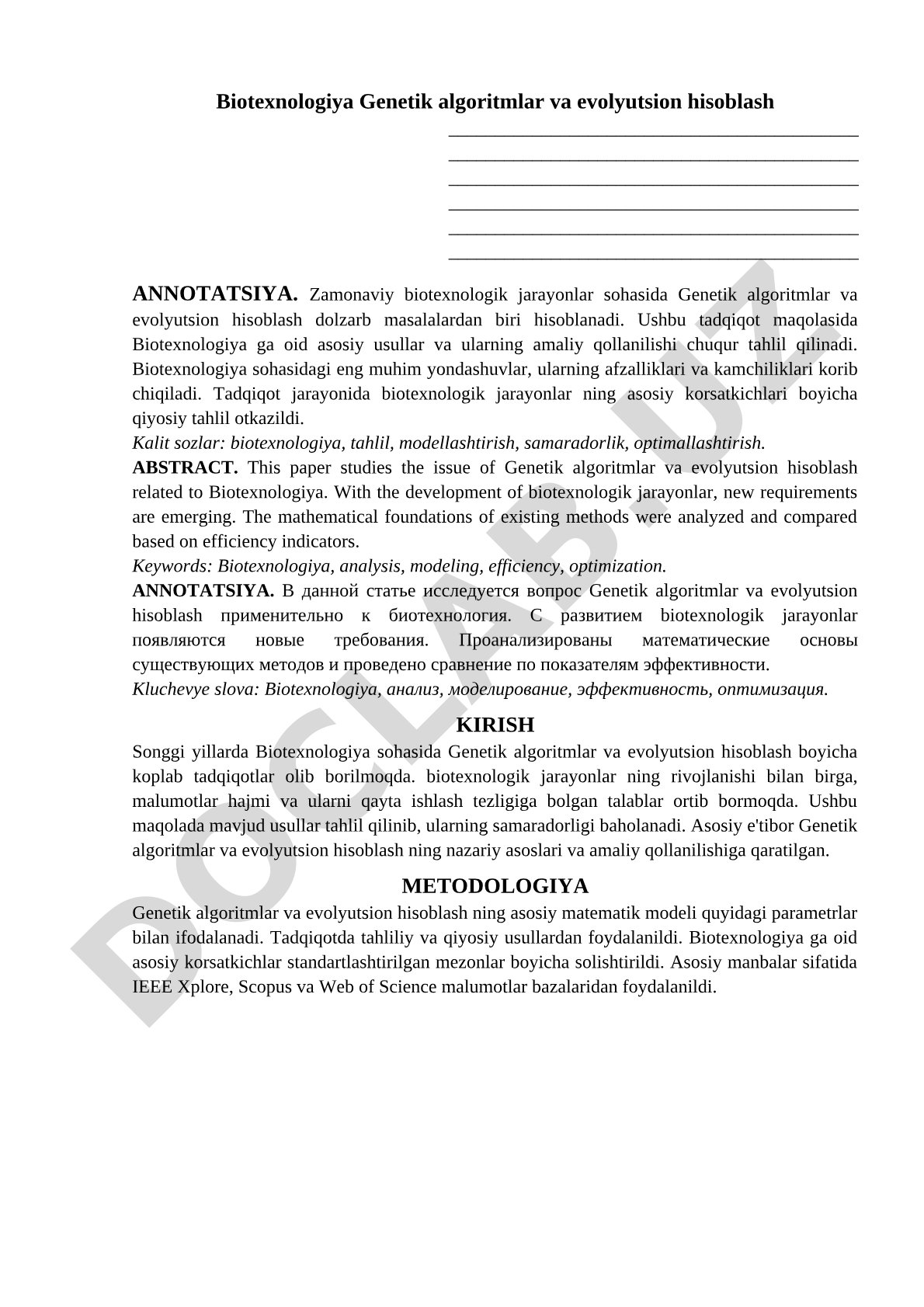 Biotexnologiya Genetik algoritmlar va evolyutsion hisoblash