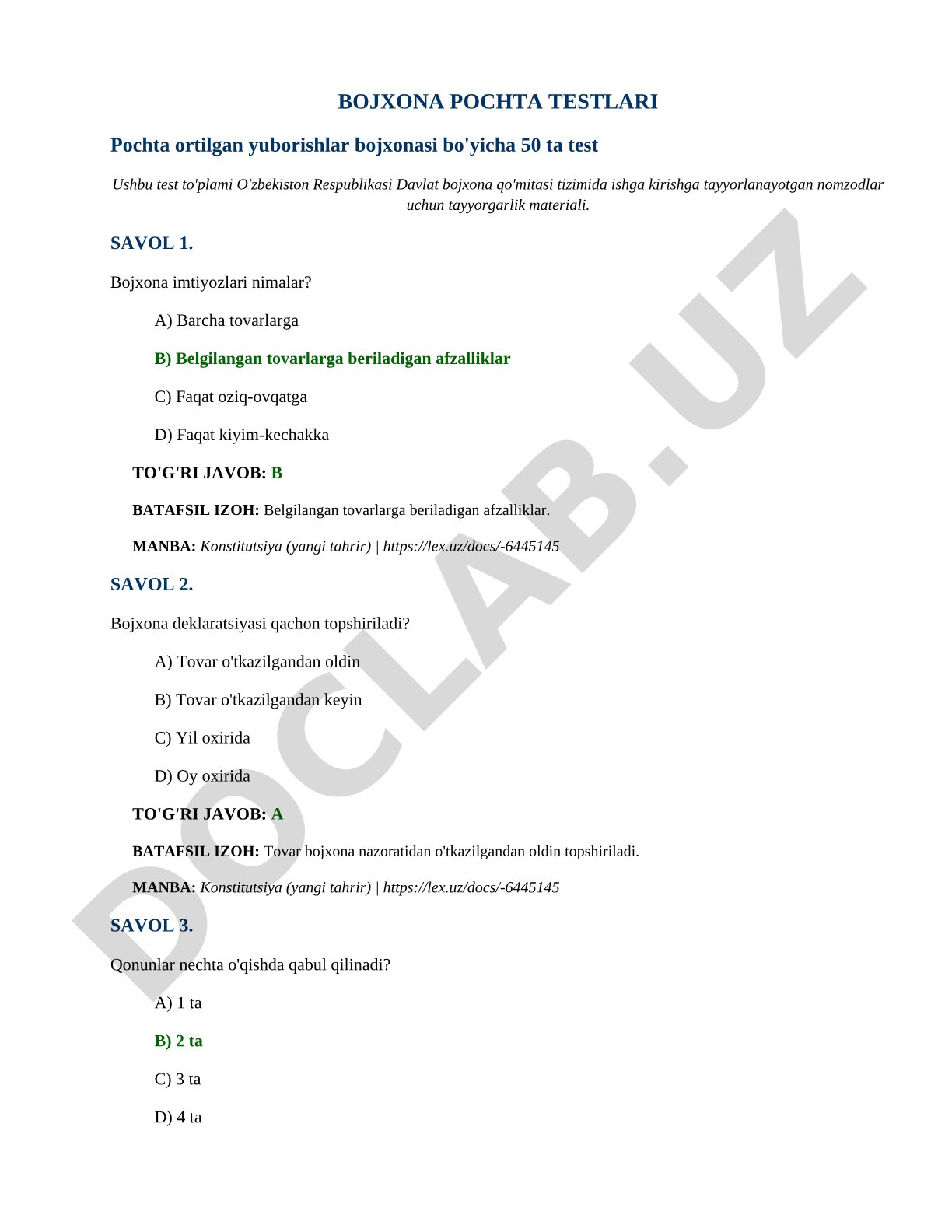 Bojxona pochta testlari