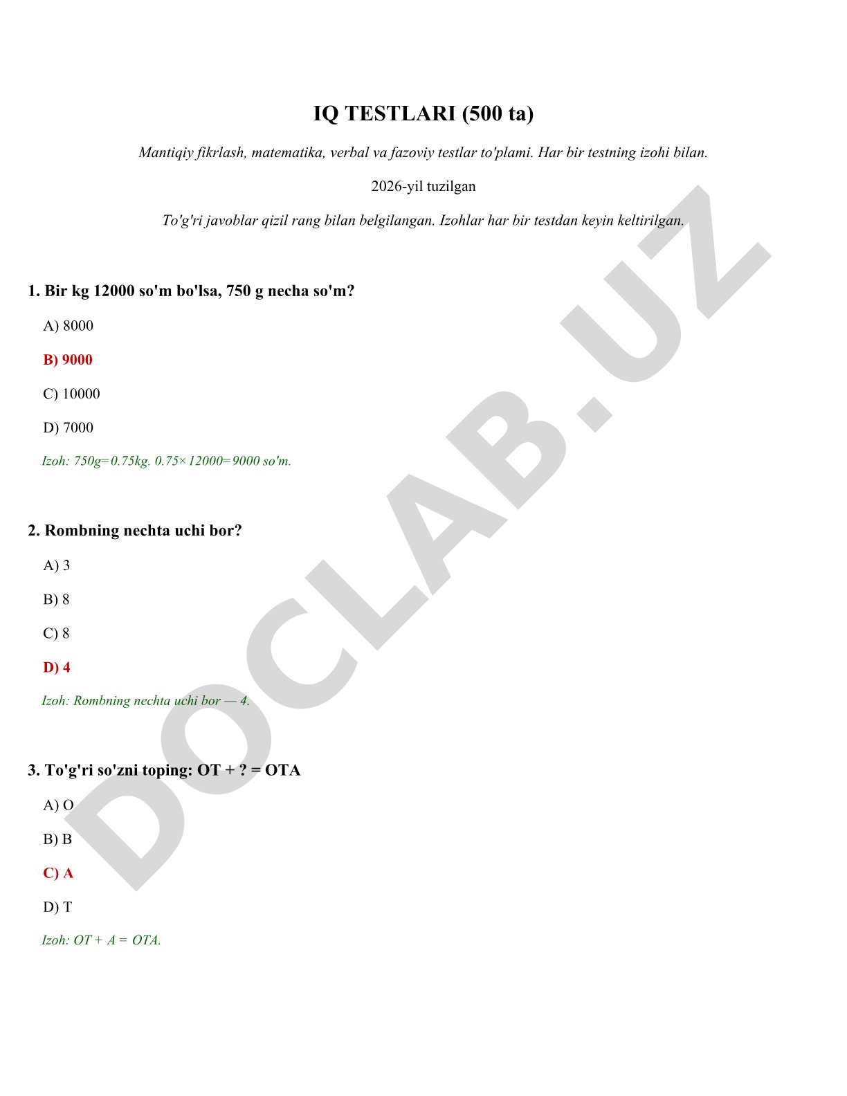 IQ testlari (500 ta) mantiqiy fikrlash, matematika, verbal va fazoviy testlar to'plami