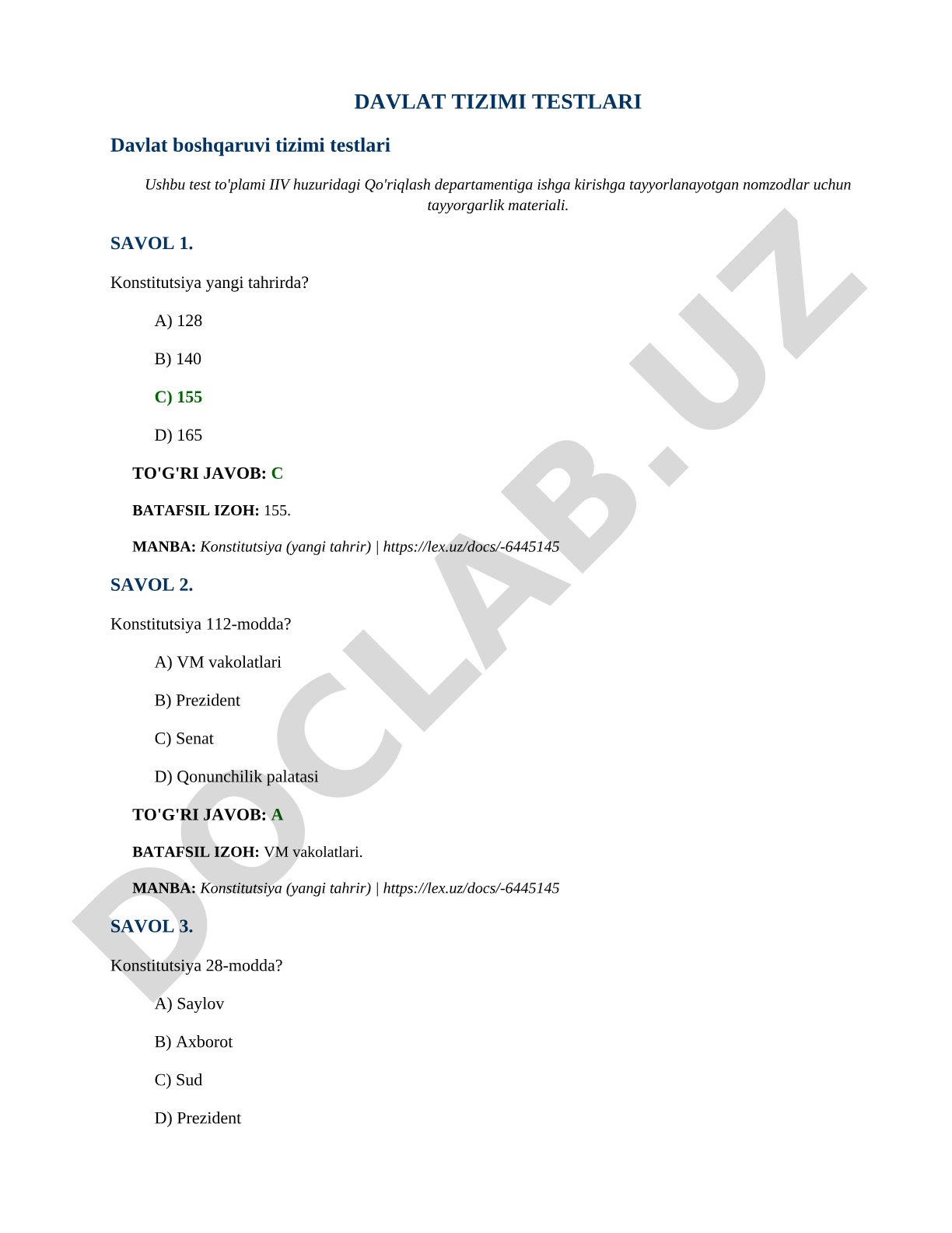 Davlat boshqaruvi tizimi testlari