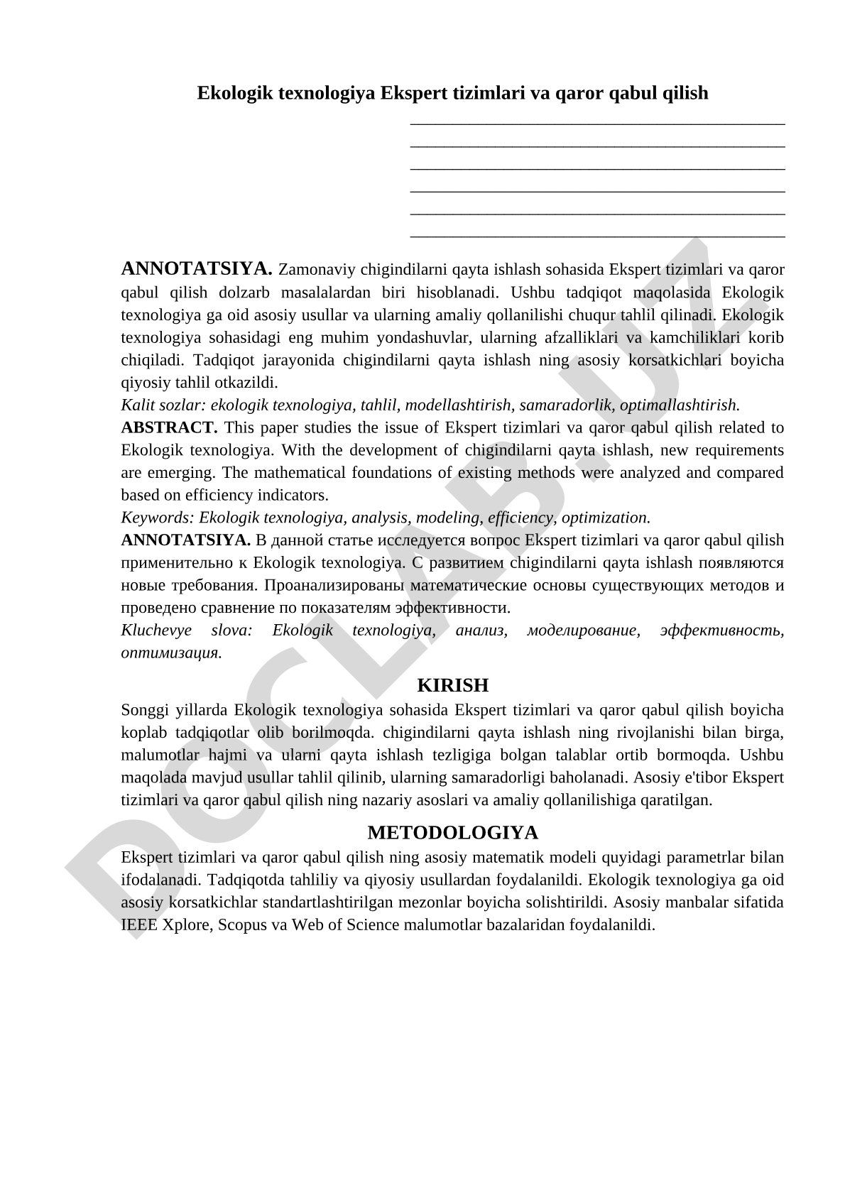 Ekologik texnologiya: Ekspert tizimlari va qaror qabul qilish