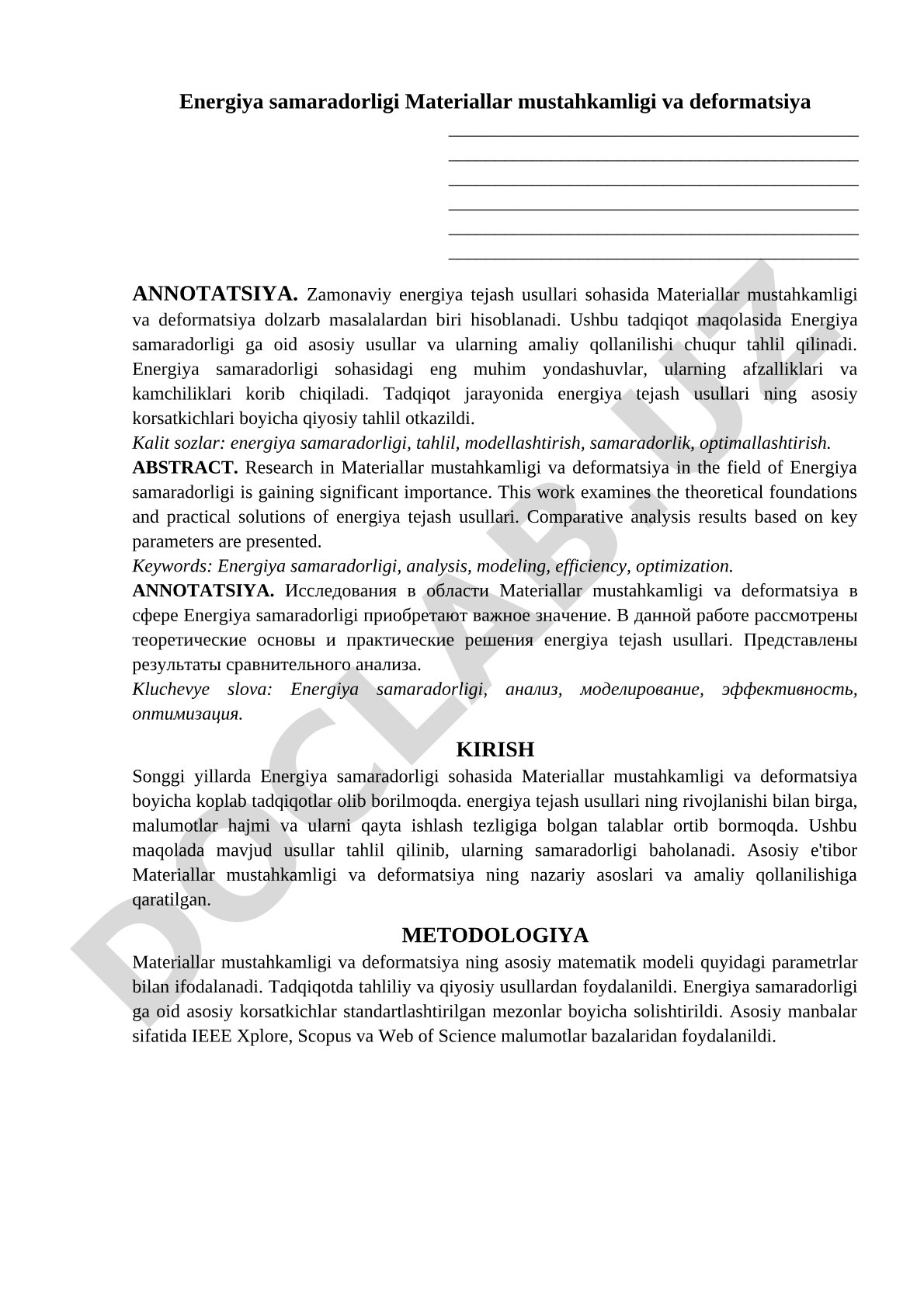 Energiya samaradorligi va materiallar mustahkamligi