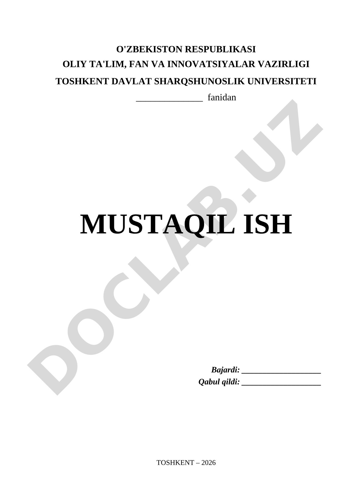 Toshkent davlat sharqshunoslik universiteti mustaqil ish sarlavha sahifasi