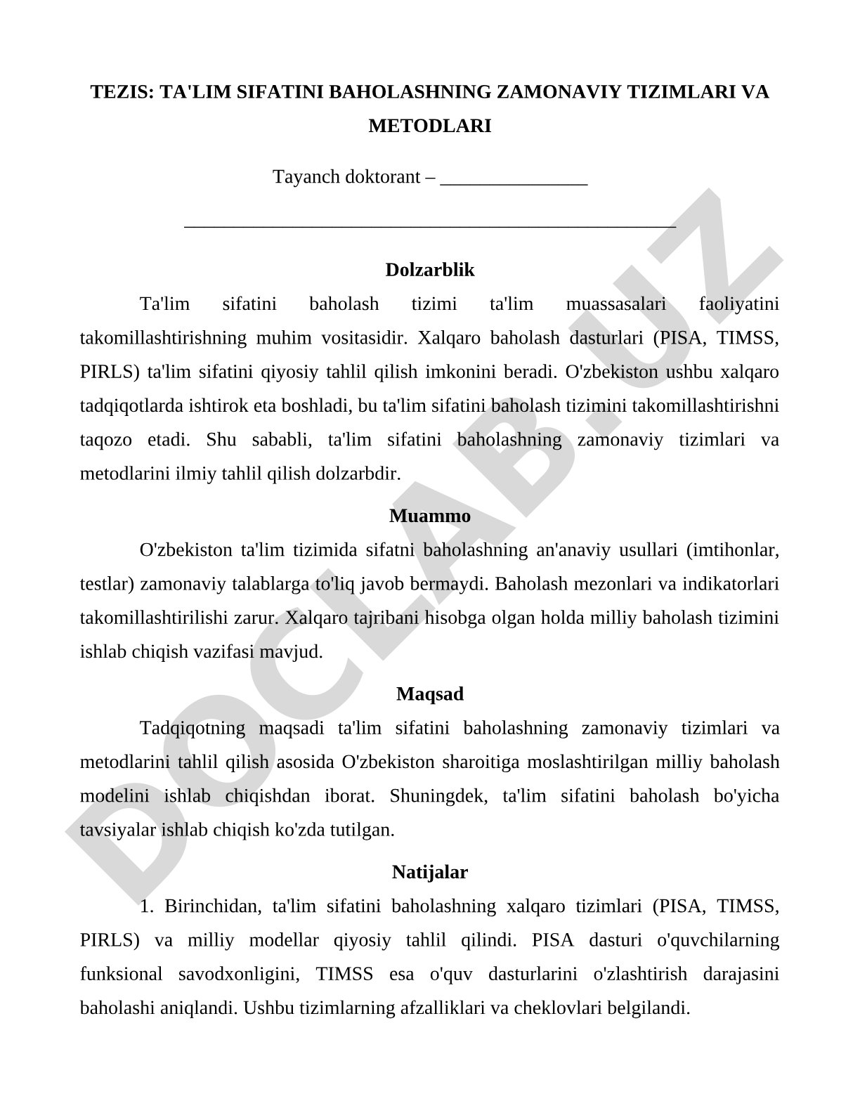 TA'LIM SIFATINI BAHOLASHNING ZAMONAVIY TIZIMLARI VA METODLARI