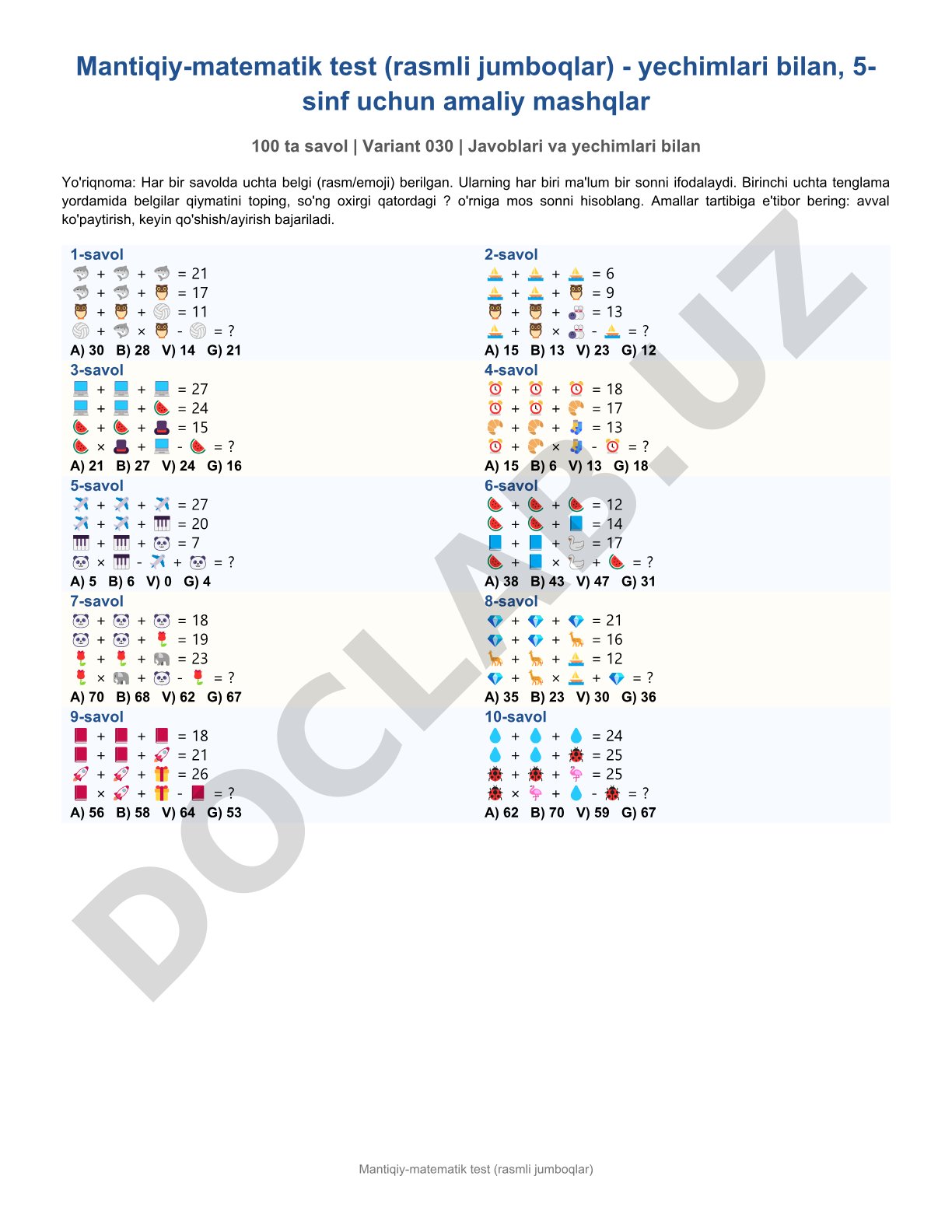 Mantiqiy-matematik test (rasmli jumboqlar)