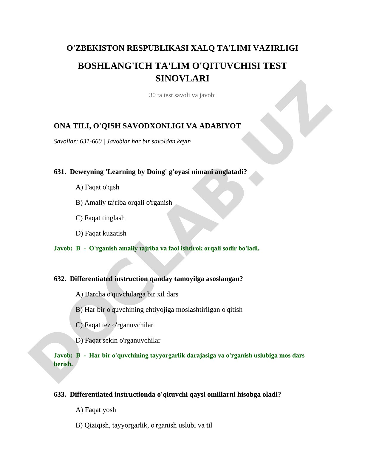 Boshlang'ich ta'lim o'qituvchisi test sinovlari (ona tili, o'qish savodxonligi va adabiyot)