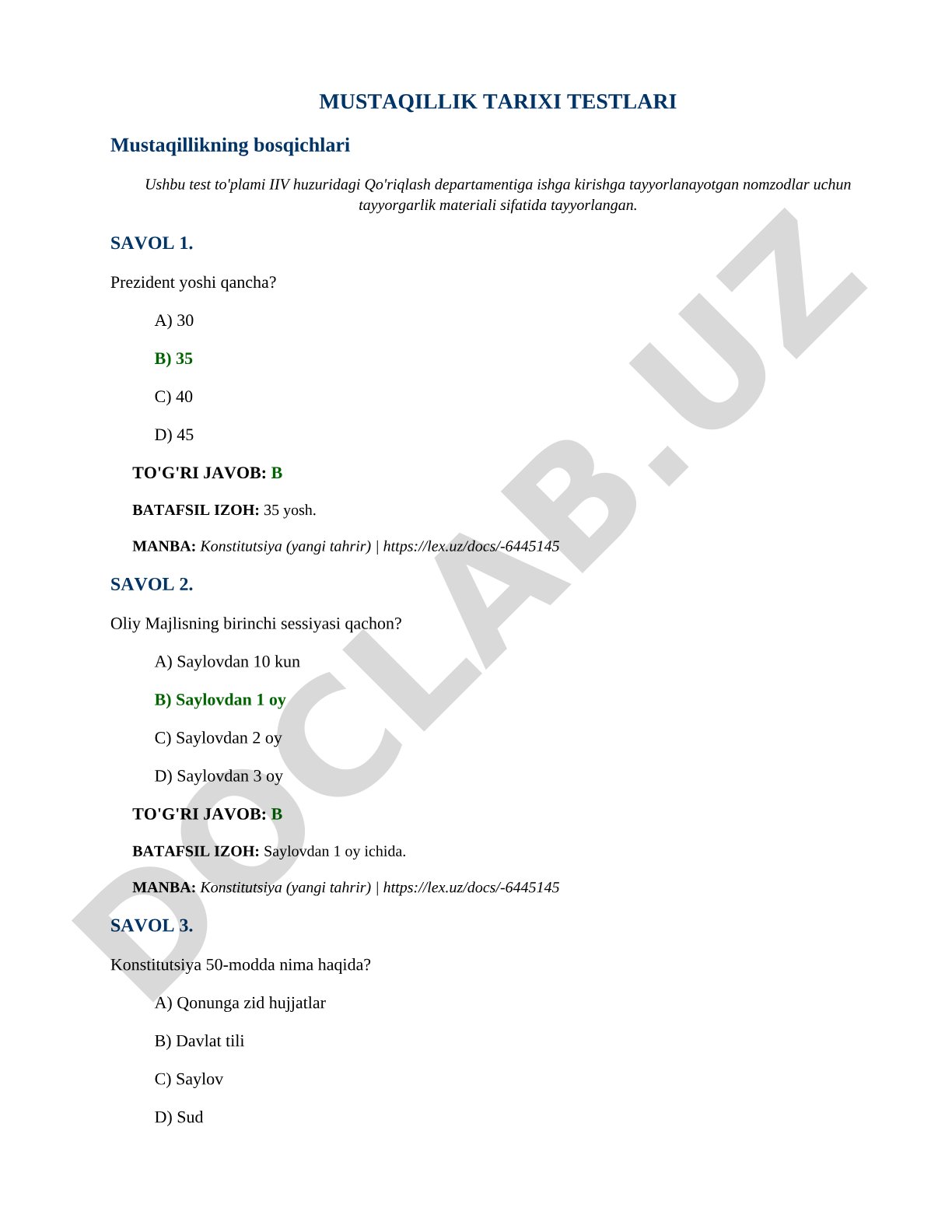Mustaqillik tarixi testlari