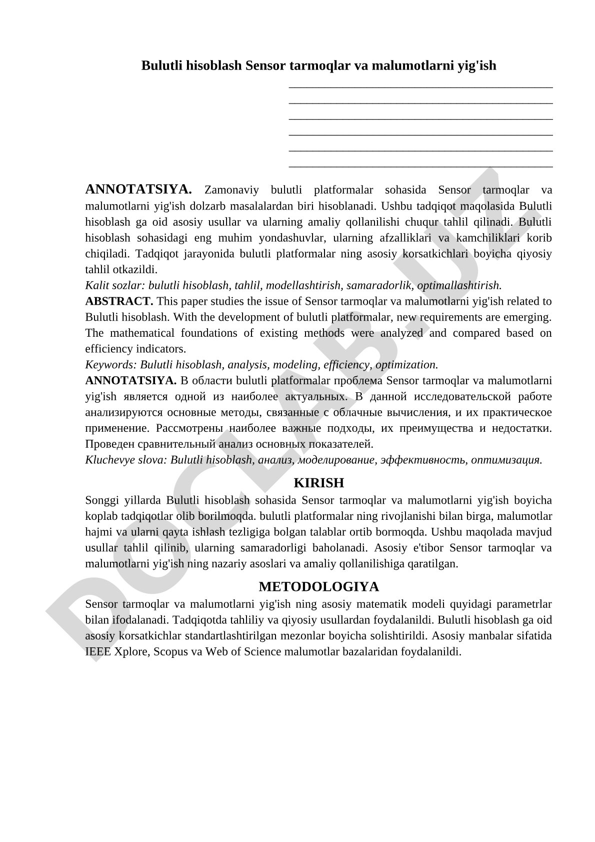Bulutli hisoblash Sensor tarmoqlar va malumotlarni yig'ish