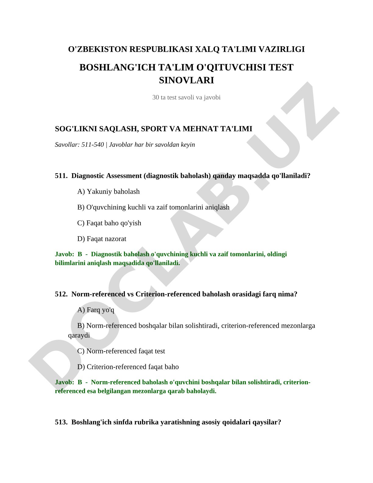 Boshlang'ich ta'lim o'qituvchisi test sinovlari (savol va javoblar)
