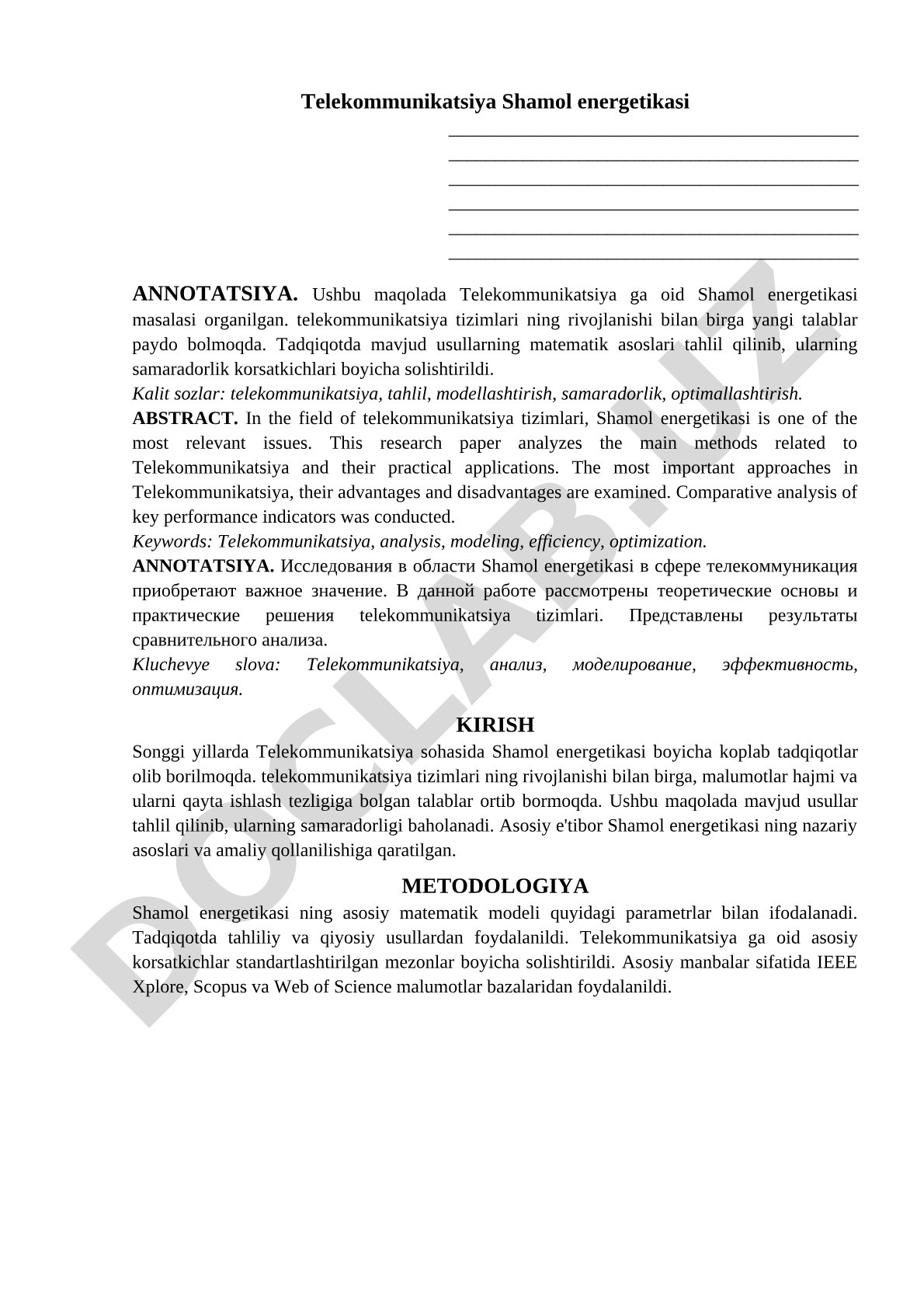 Telekommunikatsiya va shamol energetikasi tahlili