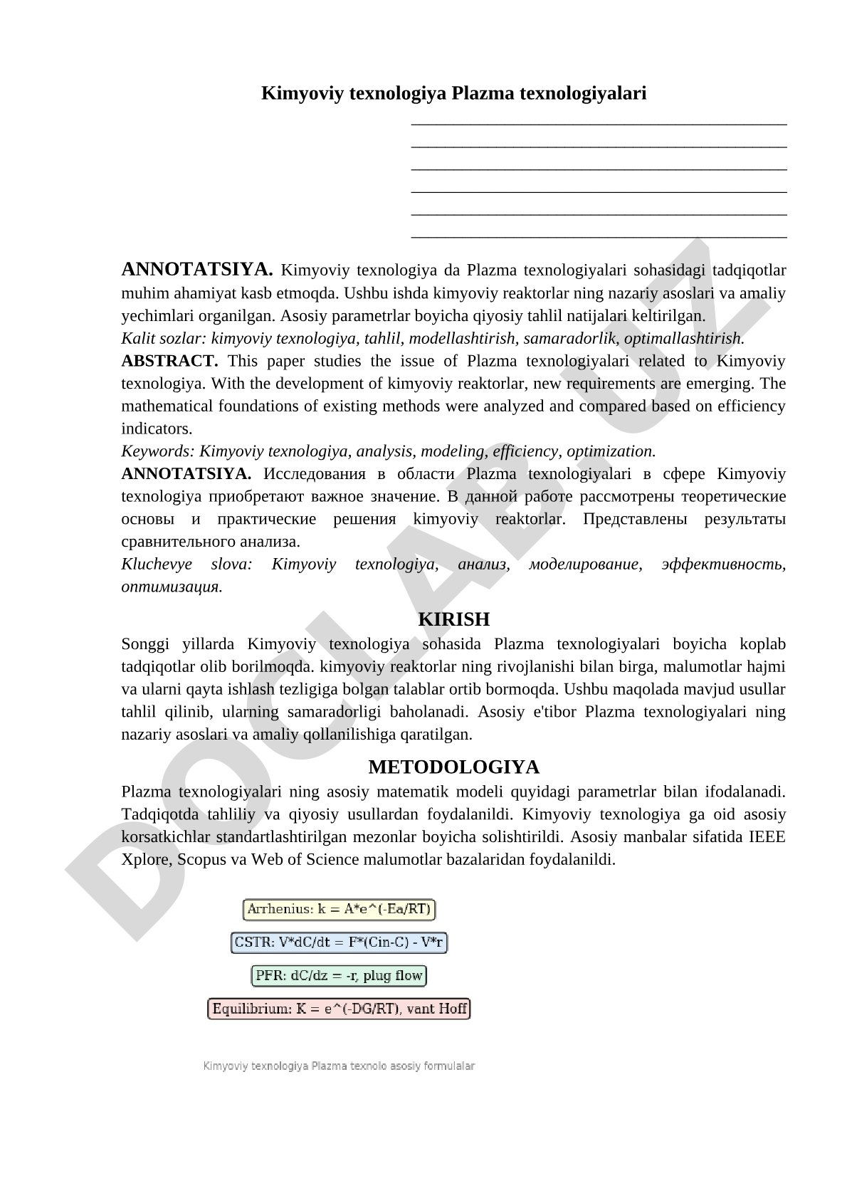 Kimyoviy texnologiyada plazma texnologiyalari tadqiqoti